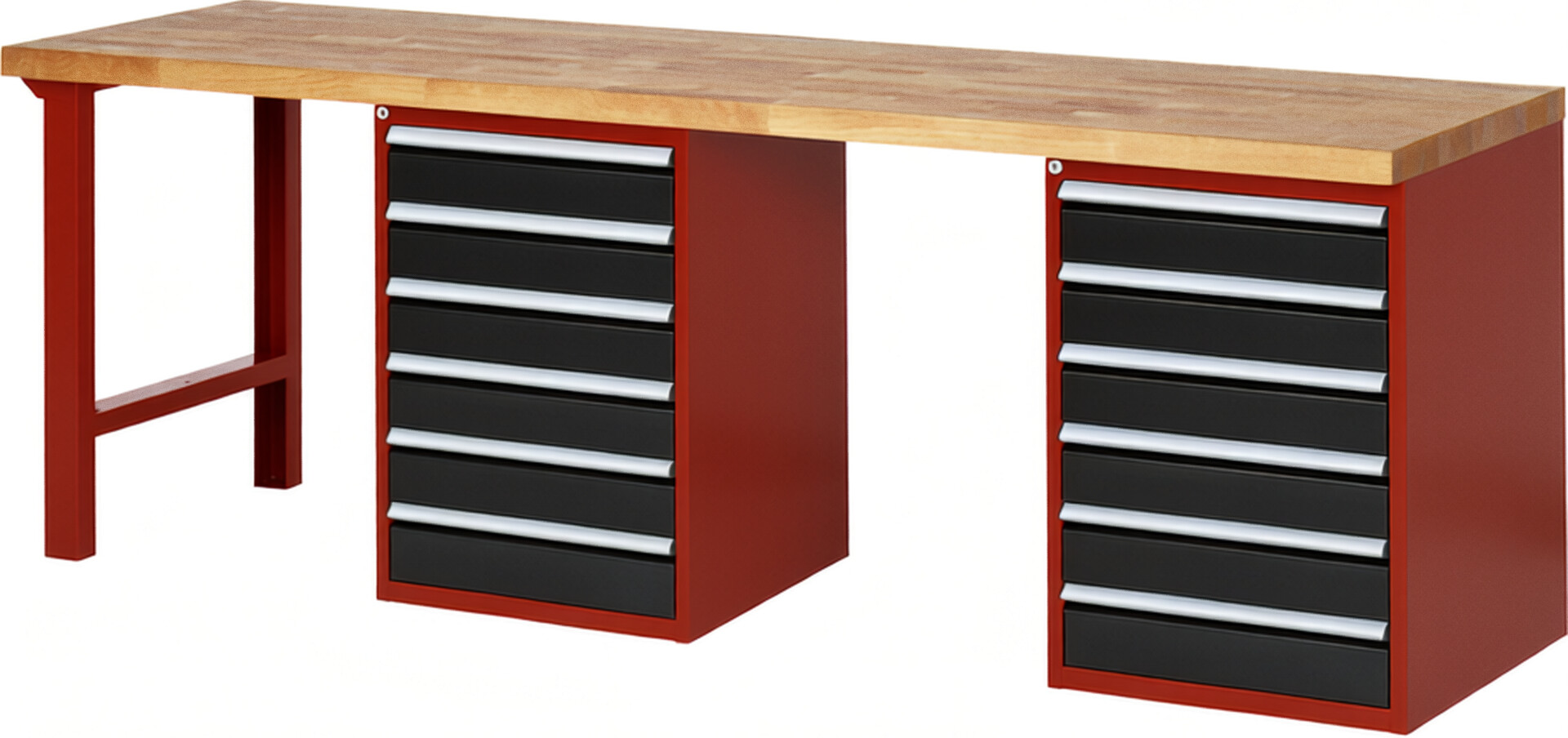 Werkbank Modell 7516 rot - schwarz, BxTxH 2500x700x890 mm,  Buche-Massiv Arbeitsplatte 40 mm,  12 Schubladen mit  Auszug 90 %