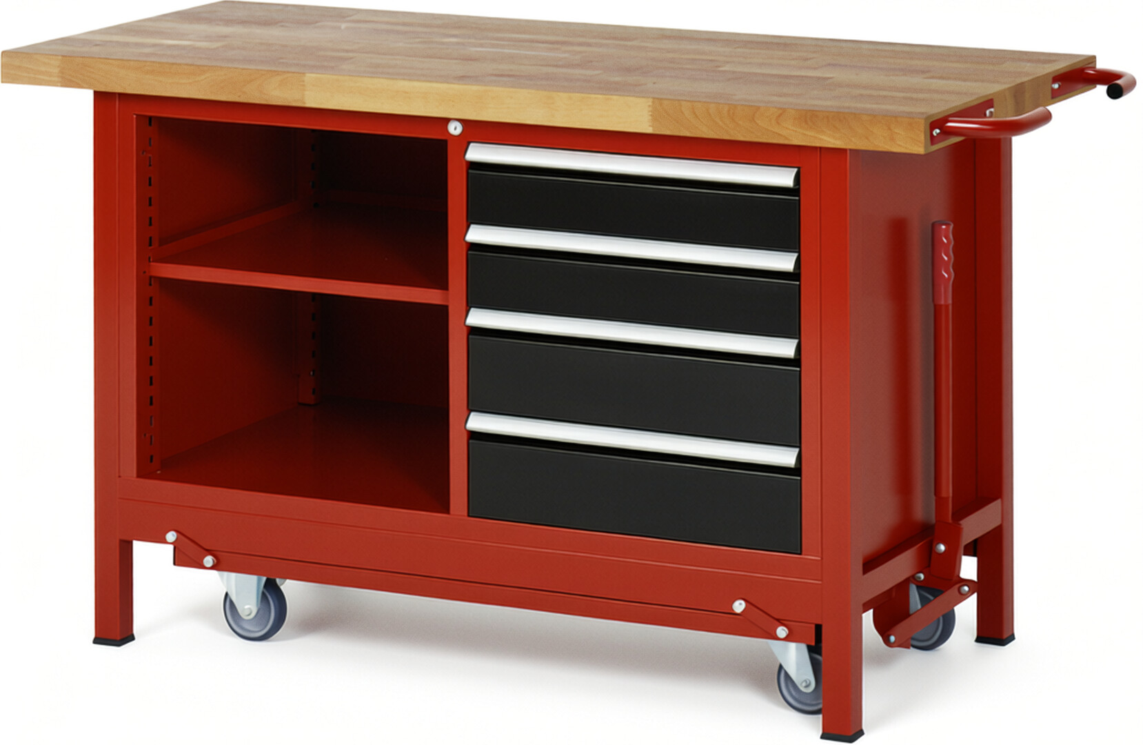 Absenkbare Werkbank Modell 8463 rot - schwarz, BxTxH 1500x700x880 mm,  Buche-Massiv Arbeitsplatte 40 mm,  4 Schubladen mit  Auszug 90 %