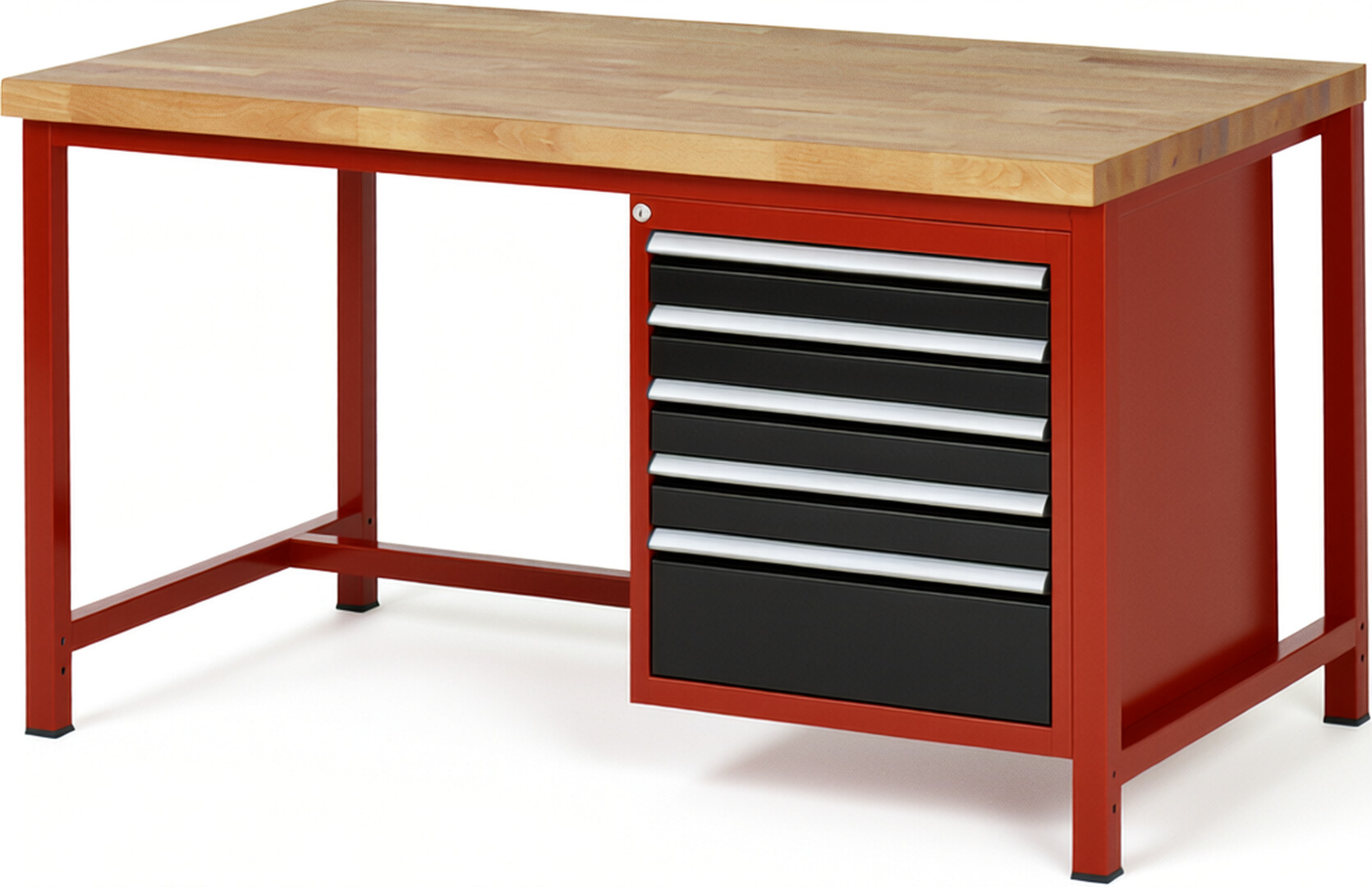 Werkbank Modell 8168 rot - schwarz, BxTxH 1500x900x840 mm,  Buche-Massiv Arbeitsplatte 40 mm,  5 Schubladen mit  Auszug 90 %