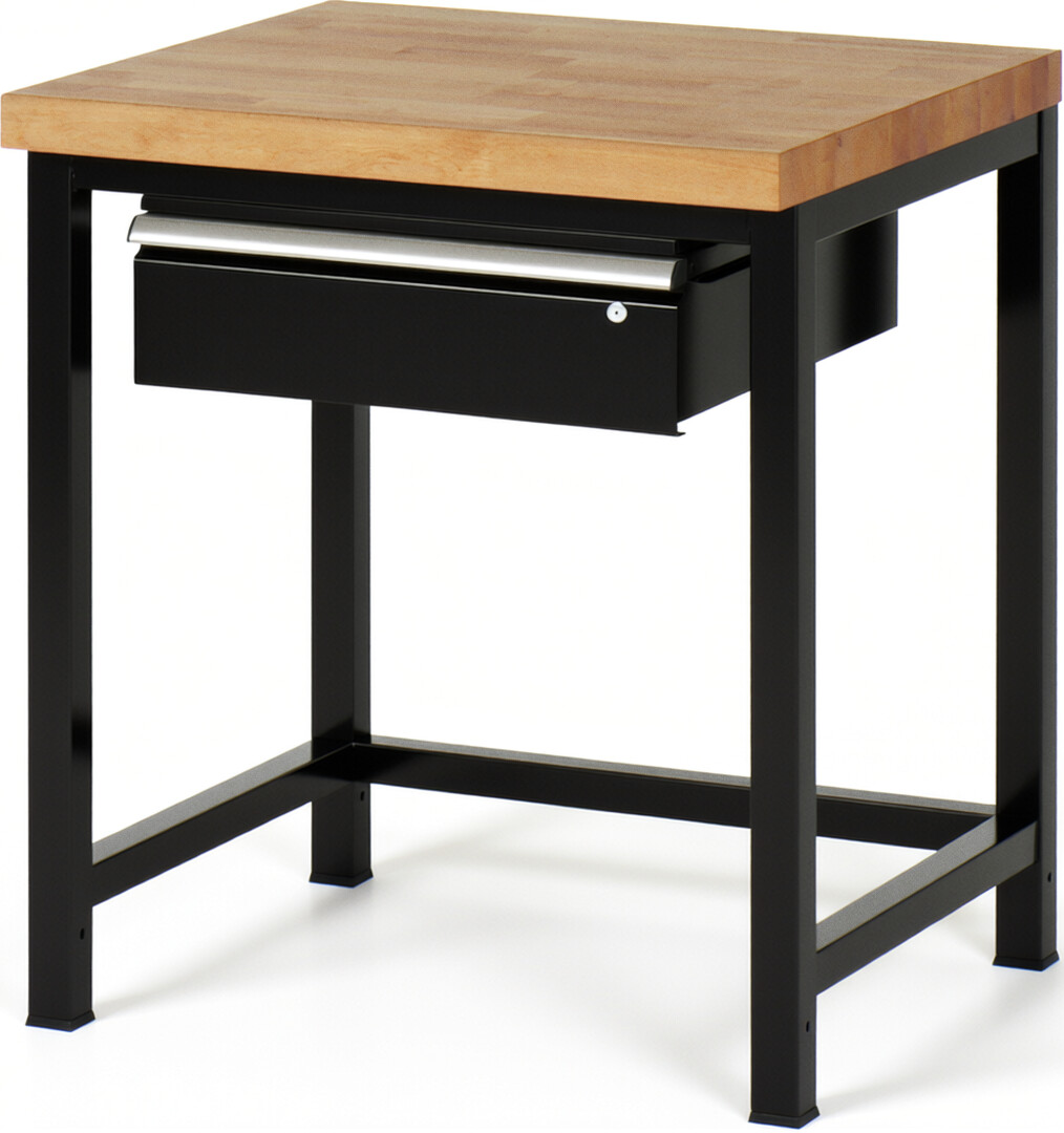 Werkbank Modell 8001 schwarz, BxTxH 750x700x840-1040 mm,  Buche-Massiv Arbeitsplatte 40 mm,  1 Schublade mit  Auszug 90 %