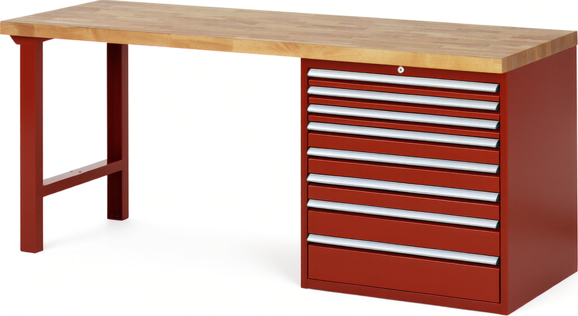Werkbank Modell 7619 rot, BxTxH 2000x700x890 mm,  Buche-Massiv Arbeitsplatte 40 mm,  8 Schubladen mit  Vollauszug 100 % und  SoftClosing