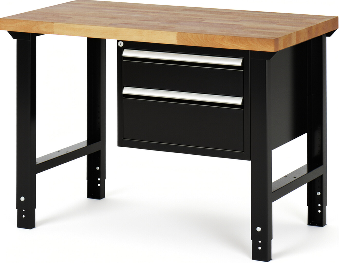 Werkbank Modell 7123 schwarz, BxTxH 1250x700x790-1140 mm,  Buche-Massiv Arbeitsplatte 40 mm,  2 Schubladen mit  Auszug 90 %