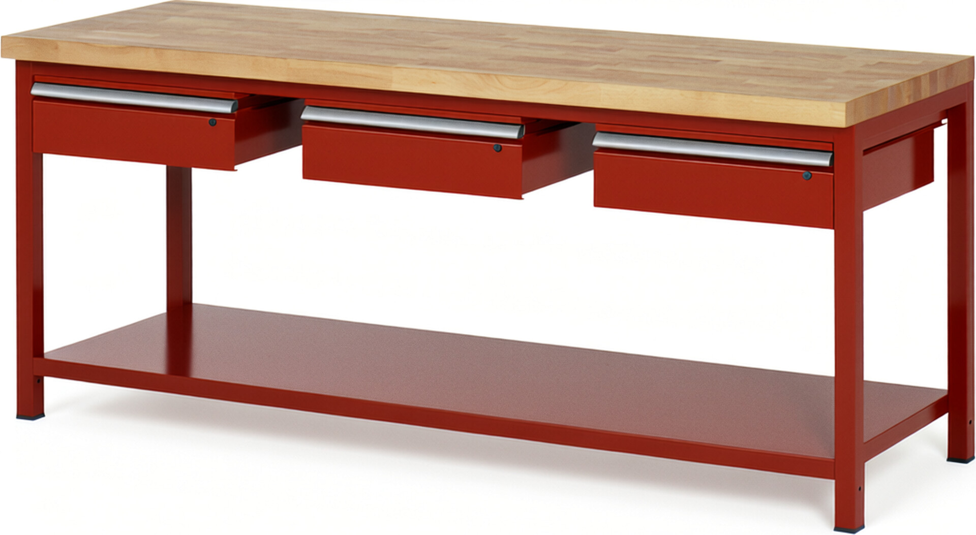 Werkbank Modell 8003 rot, BxTxH 2000x700x840 mm,  Buche-Massiv Arbeitsplatte 40 mm,  3 Schubladen mit  Auszug 90 %