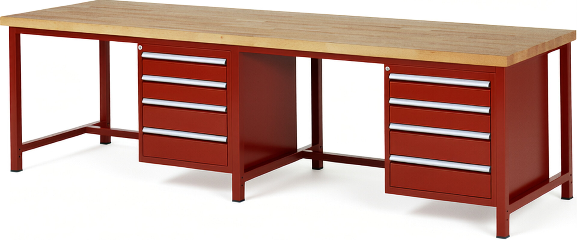 Werkbank Modell 8162 rot, BxTxH 3000x900x840-1040 mm,  Buche-Massiv Arbeitsplatte 40 mm,  8 Schubladen mit  Vollauszug 100 % und  SoftClosing