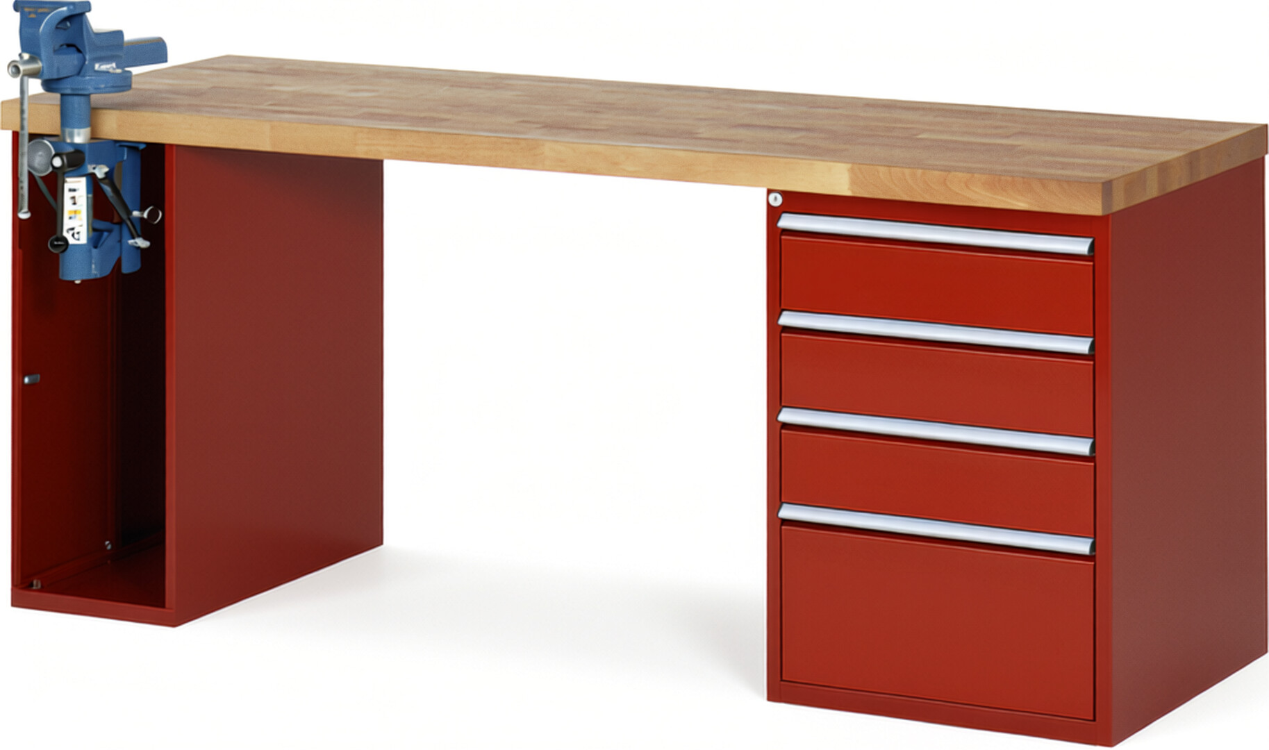 Werkbank Modell 7510 rot, BxTxH 2000x700x890 mm,  Buche-Massiv Arbeitsplatte 40 mm,  4 Schubladen mit  Vollauszug 100 % und  SoftClosing