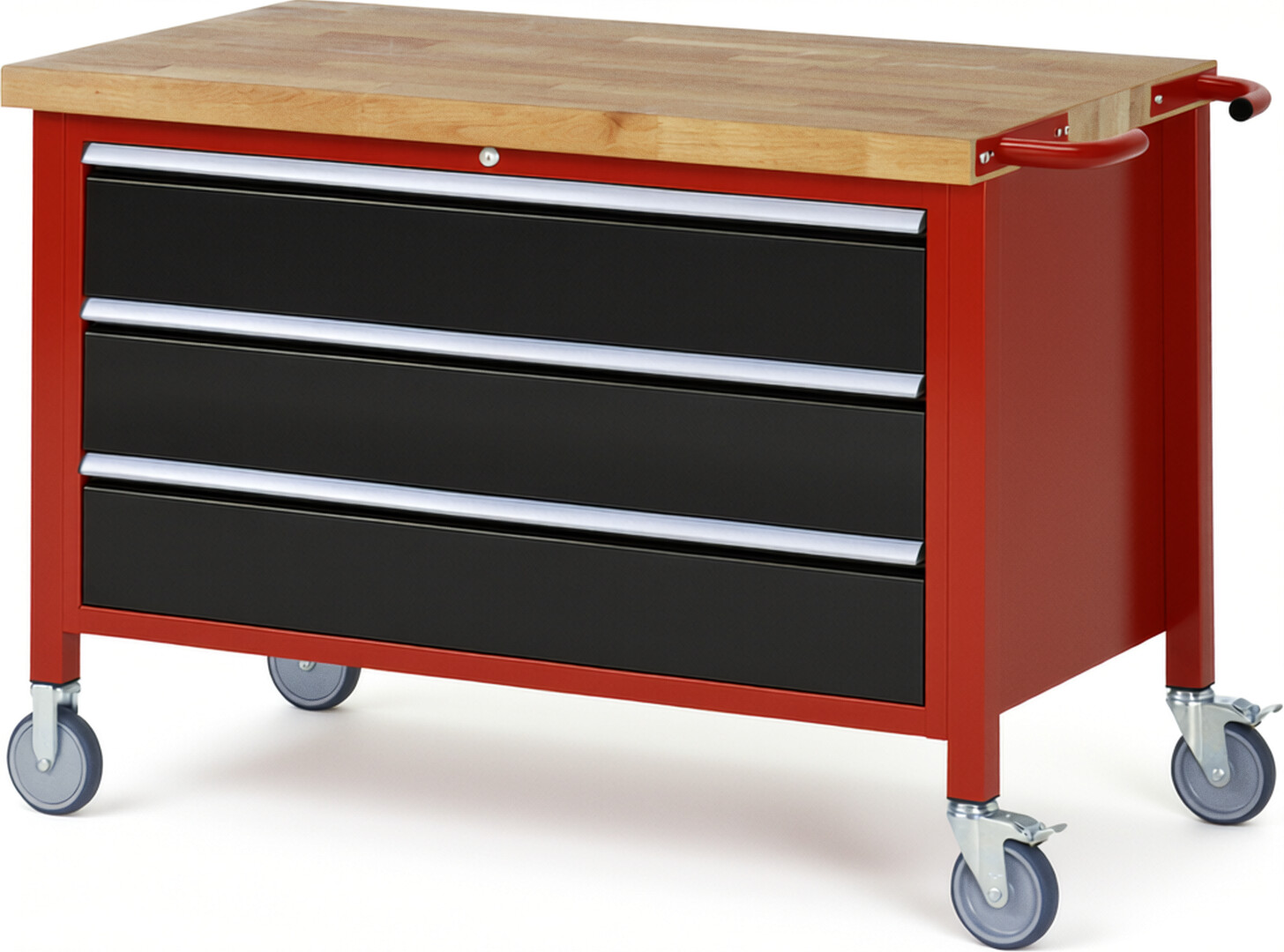 Fahrbare Werkbank Modell 8357 rot - schwarz, BxTxH 1250x700x880-1080 mm,  Buche-Massiv Arbeitsplatte 40 mm,  3 Schubladen mit  Auszug 90 %
