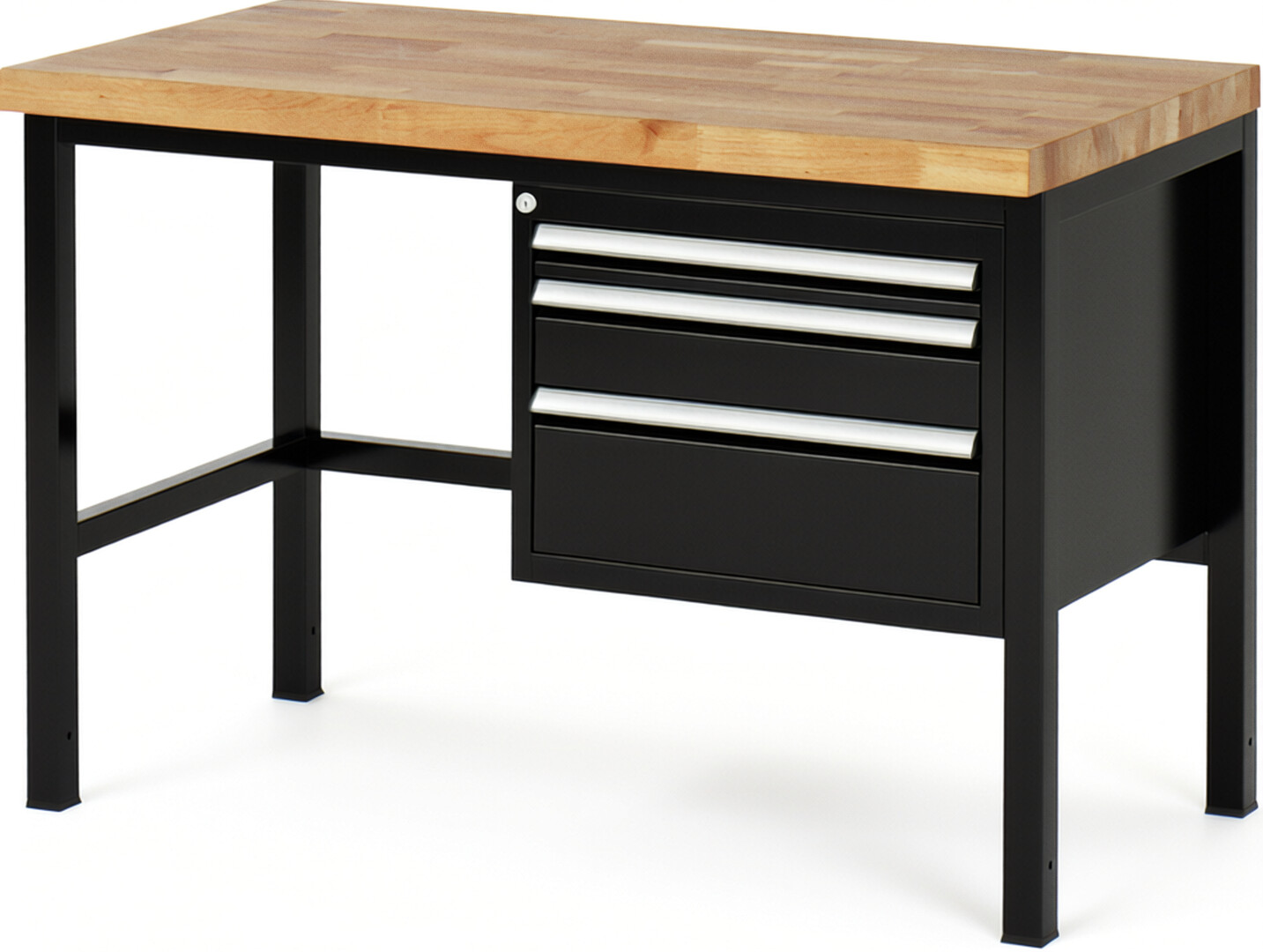 Werkbank Modell 8126 schwarz, BxTxH 1250x700x840-1040 mm,  Buche-Massiv Arbeitsplatte 40 mm,  3 Schubladen mit  Vollauszug 100 % und  SoftClosing