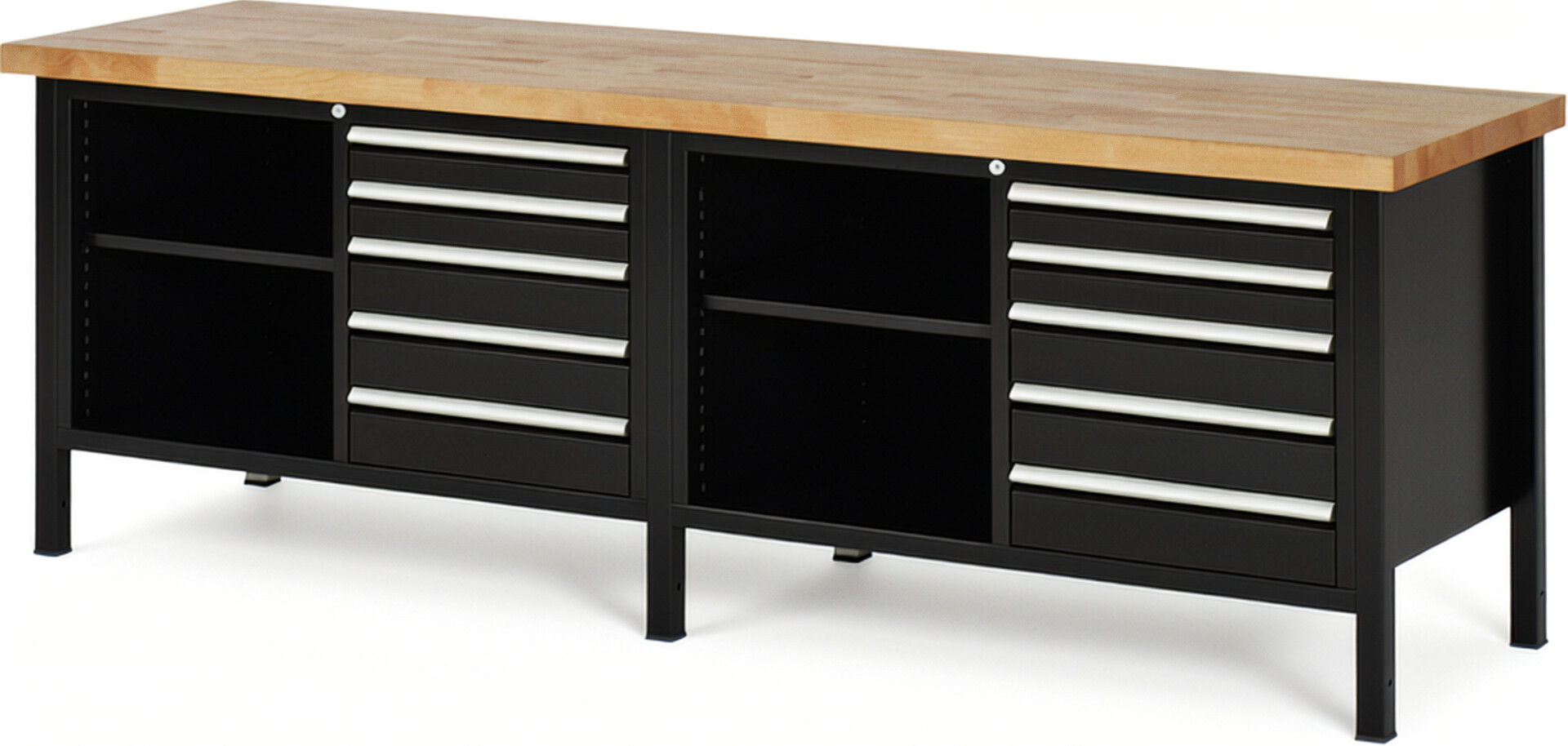 Werkbank Modell 8464 schwarz, BxTxH 2500x700x840 mm,  Buche-Massiv Arbeitsplatte 40 mm,  10 Schubladen mit  Auszug 90 %