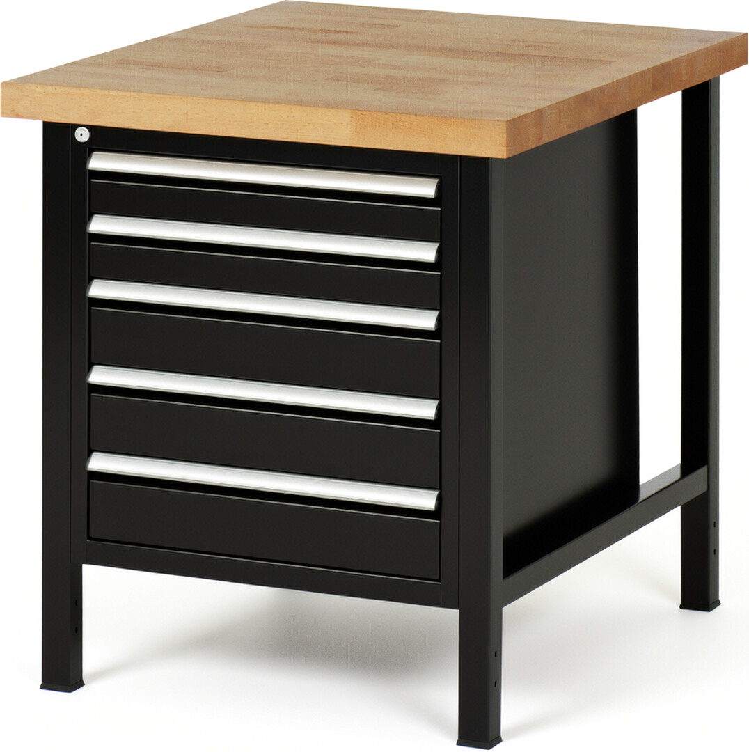 Werkbank Modell 8171 schwarz, BxTxH 750x900x840-1040 mm,  Buche-Massiv Arbeitsplatte 40 mm,  5 Schubladen mit  Auszug 90 %