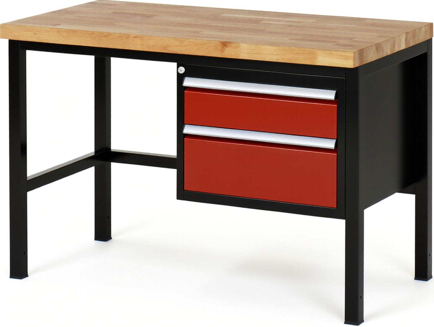 RAU Werkbank schwarz - rot - Breite 125 cm - Tiefe 70 cm - Höhe 104 cm - Buche-Massiv Arbeitsplatte 40 mm