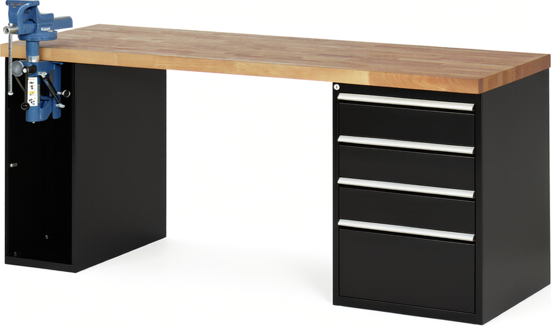 Werkbank Modell 7510 schwarz, BxTxH 2000x700x890 mm,  Buche-Massiv Arbeitsplatte 40 mm,  4 Schubladen mit  Vollauszug 100 % und  SoftClosing