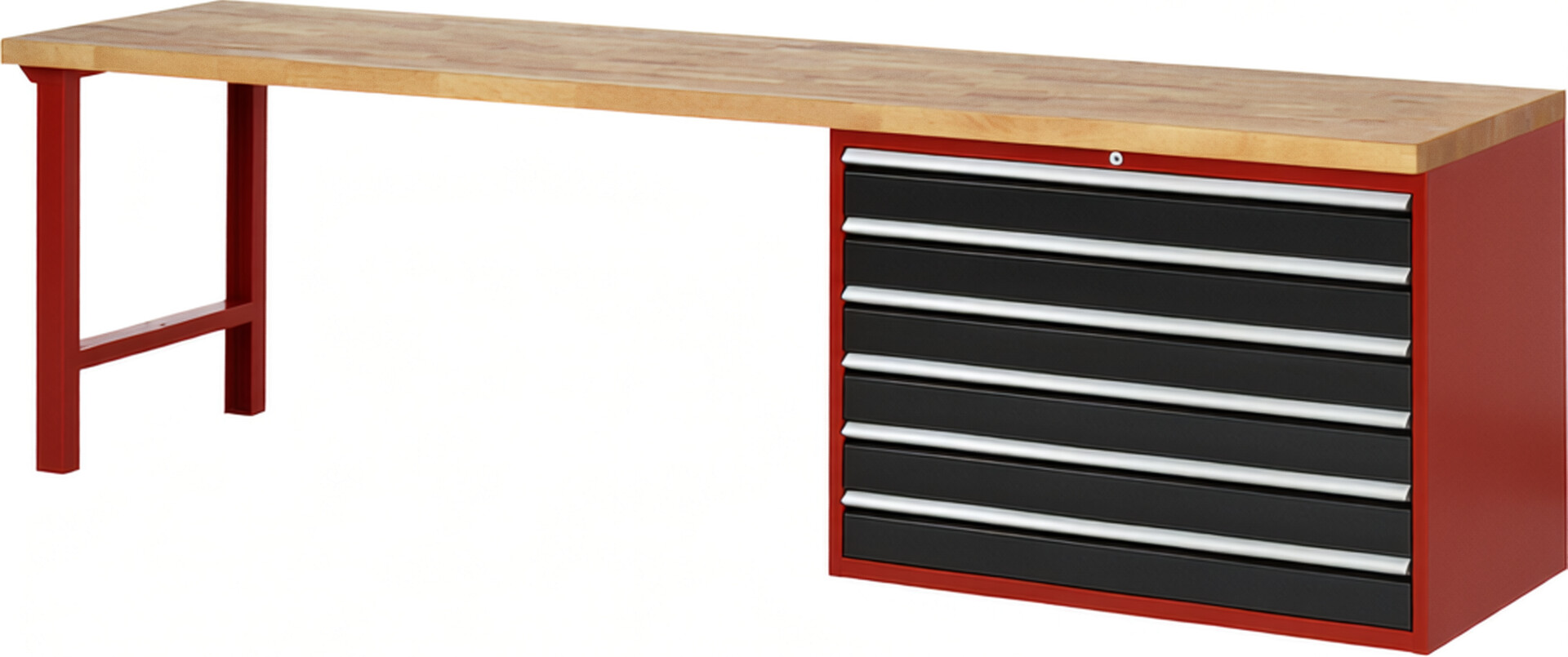 Werkbank Modell 7716 rot - schwarz, BxTxH 3000x700x890 mm,  Buche-Massiv Arbeitsplatte 40 mm,  6 Schubladen mit  Auszug 90 %