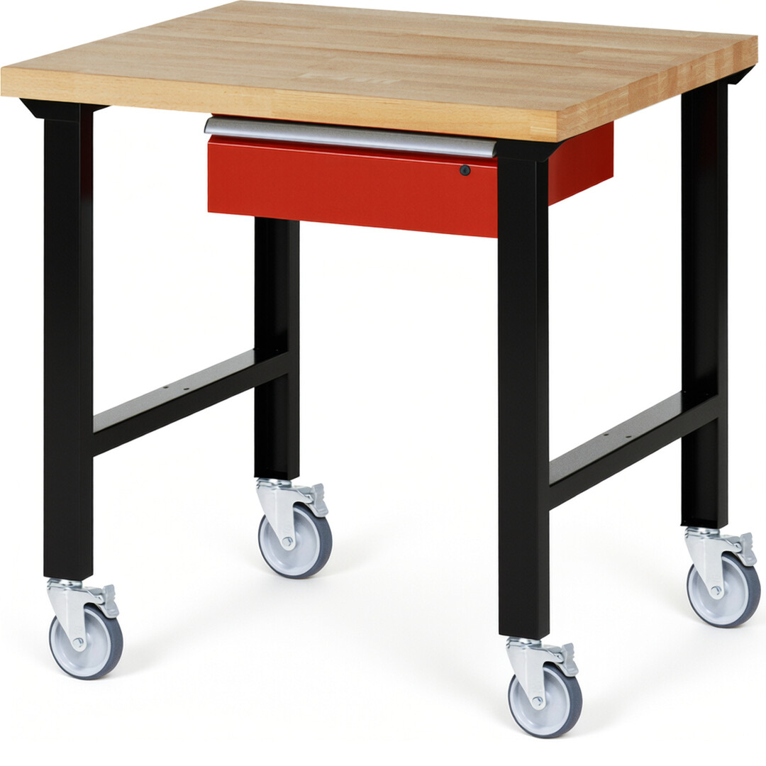RAU Werkbank schwarz - rot - Breite 100 cm - Tiefe 90 cm - Höhe 100 cm - Buche-Massiv Arbeitsplatte 40 mm