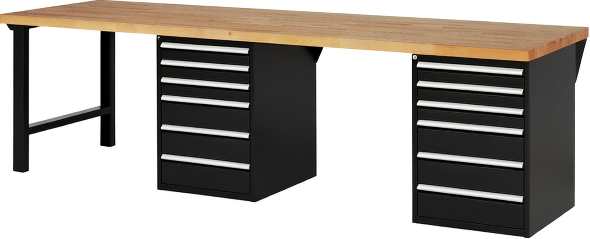 Werkbank Modell 7515 schwarz, BxTxH 3000x900x890 mm,  Buche-Massiv Arbeitsplatte 40 mm,  12 Schubladen mit  Auszug 90 %