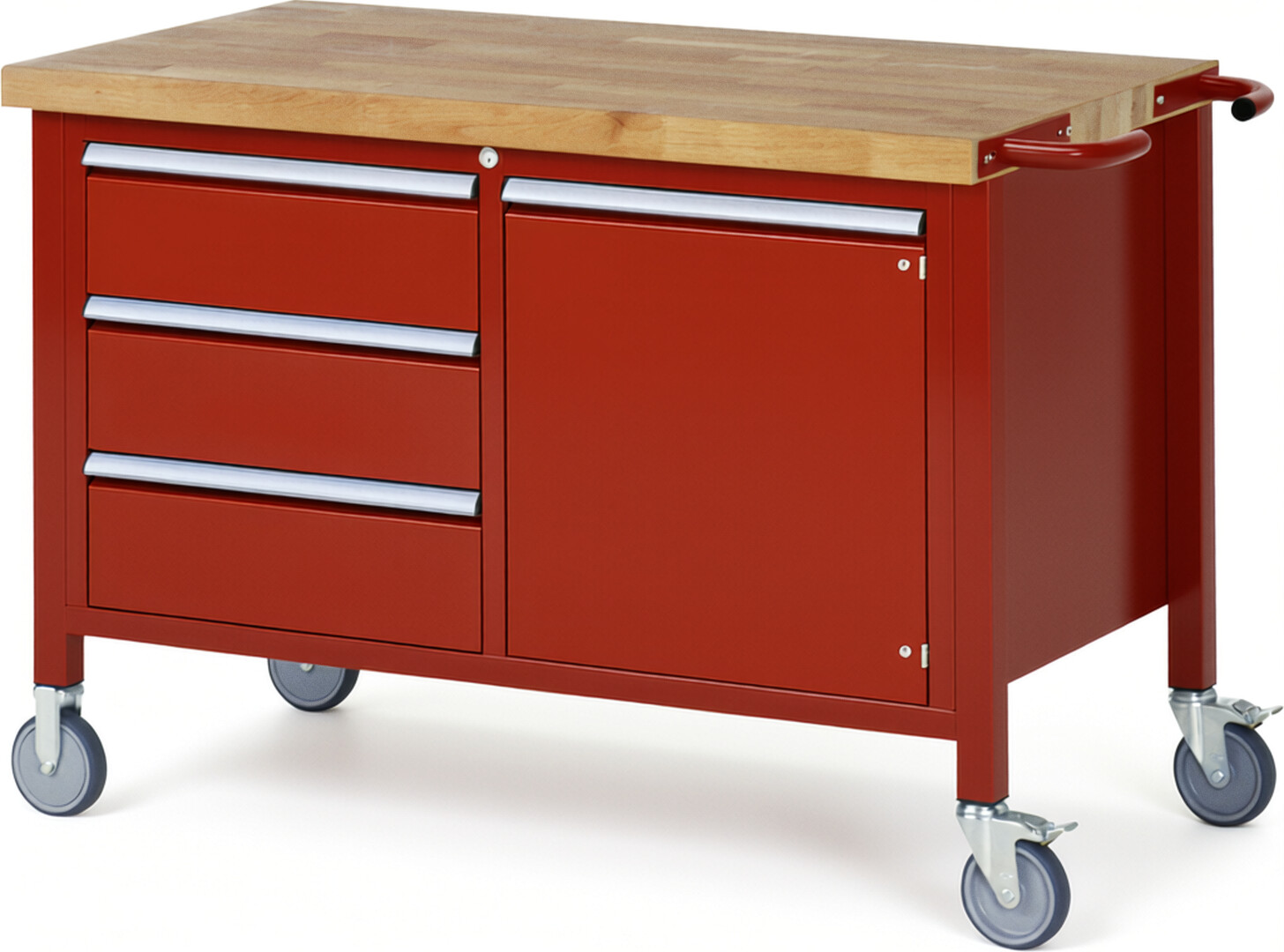 Fahrbare Werkbank Modell 8468 rot, BxTxH 1250x700x880 mm,  Buche-Massiv Arbeitsplatte 40 mm,  3 Schubladen mit  Vollauszug 100 % und  SoftClosing