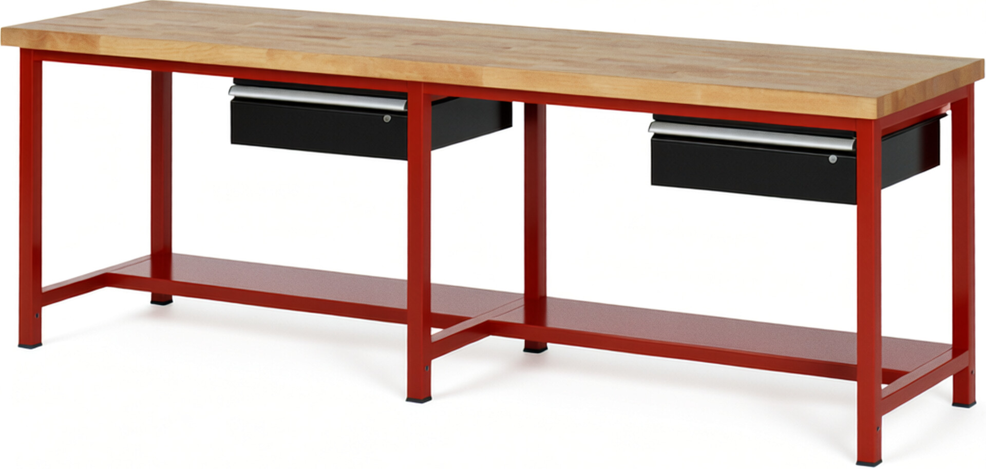 Werkbank Modell 8001 rot - schwarz, BxTxH 2500x700x840 mm,  Buche-Massiv Arbeitsplatte 40 mm,  2 Schubladen mit  Auszug 90 %
