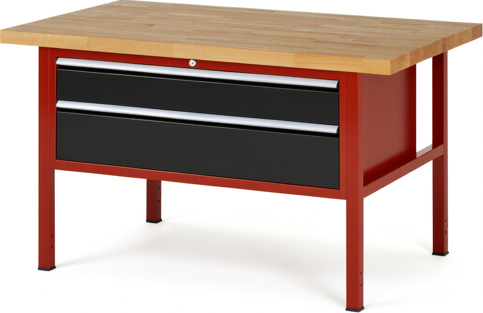 Werkbank Modell 8323 rot - schwarz, BxTxH 1500x900x840 mm,  Buche-Massiv Arbeitsplatte 40 mm,  2 Schubladen mit  Auszug 90 %