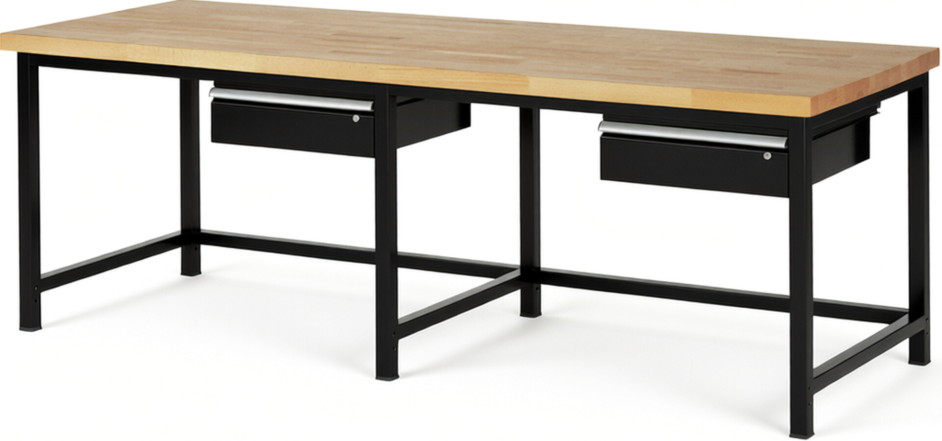 Werkbank Modell 8001 schwarz, BxTxH 2500x900x840 mm,  Buche-Massiv Arbeitsplatte 40 mm,  2 Schubladen mit  Auszug 90 %
