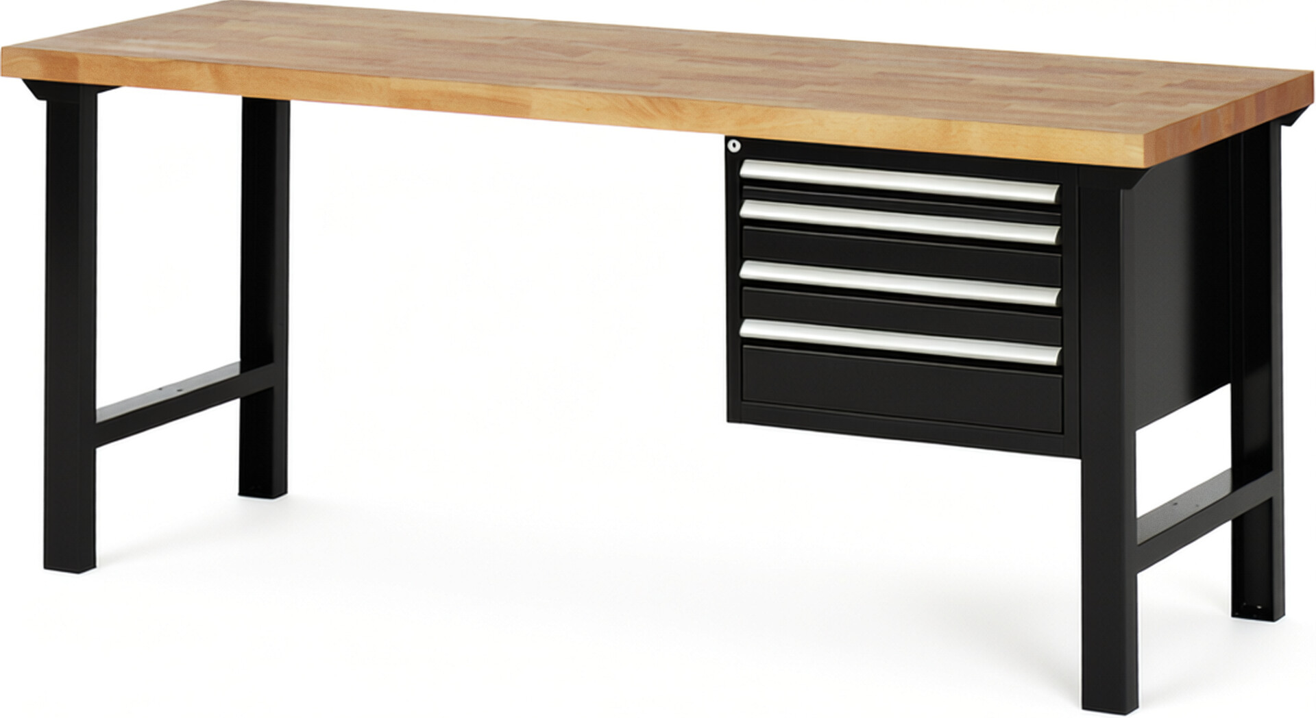 Werkbank Modell 7132 schwarz, BxTxH 2000x700x840 mm,  Buche-Massiv Arbeitsplatte 40 mm,  4 Schubladen mit  Vollauszug 100 % und  SoftClosing