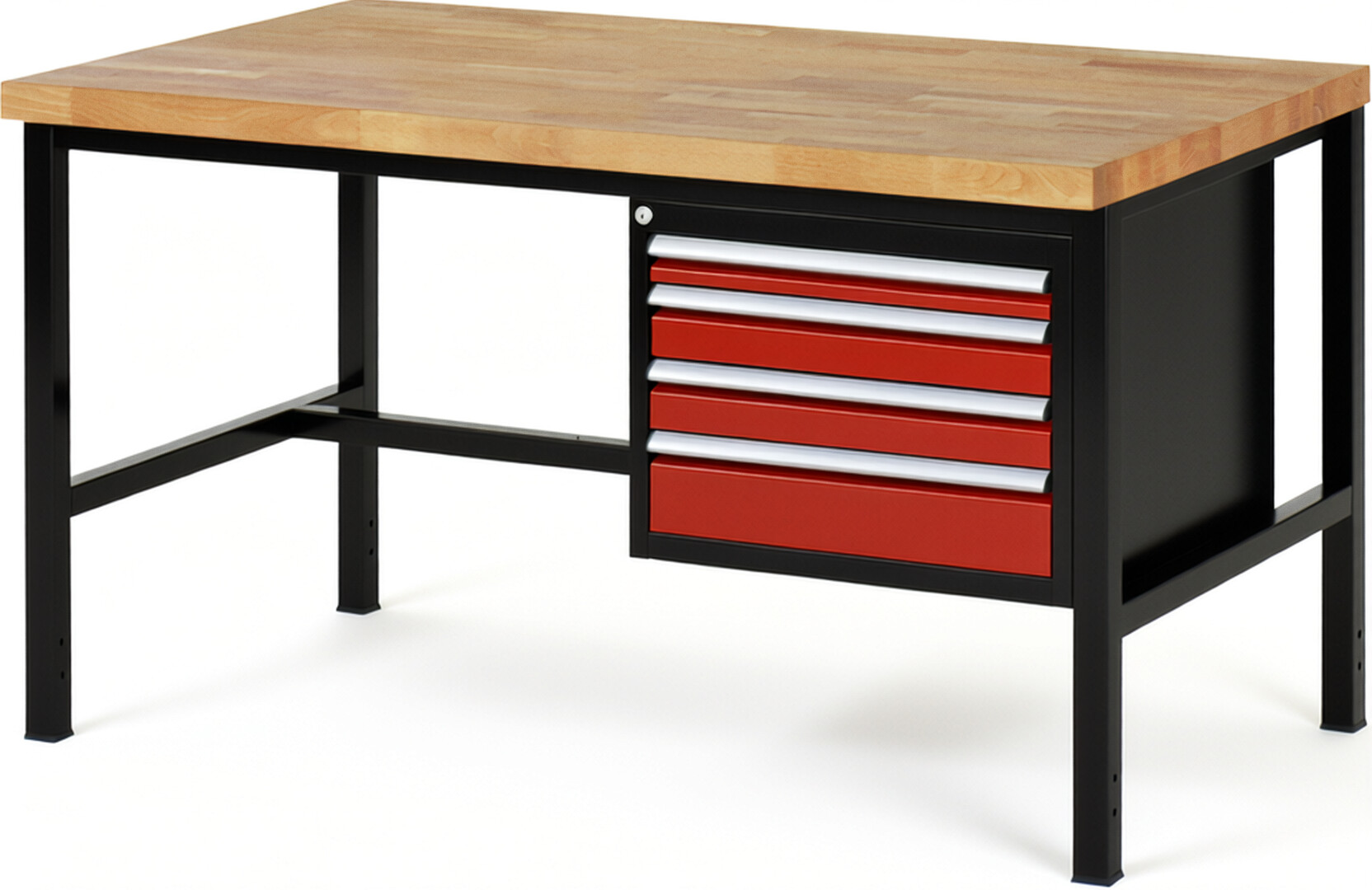 RAU Werkbank schwarz - rot - Breite 150 cm - Tiefe 90 cm - Höhe 104 cm - Buche-Massiv Arbeitsplatte 40 mm