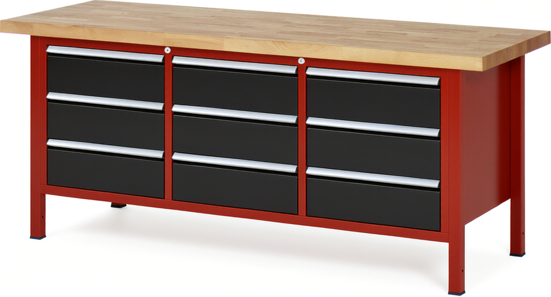 Werkbank Modell 8574 rot - schwarz, BxTxH 2000x700x840 mm,  Buche-Massiv Arbeitsplatte 40 mm,  9 Schubladen mit  Vollauszug 100 % und  SoftClosing