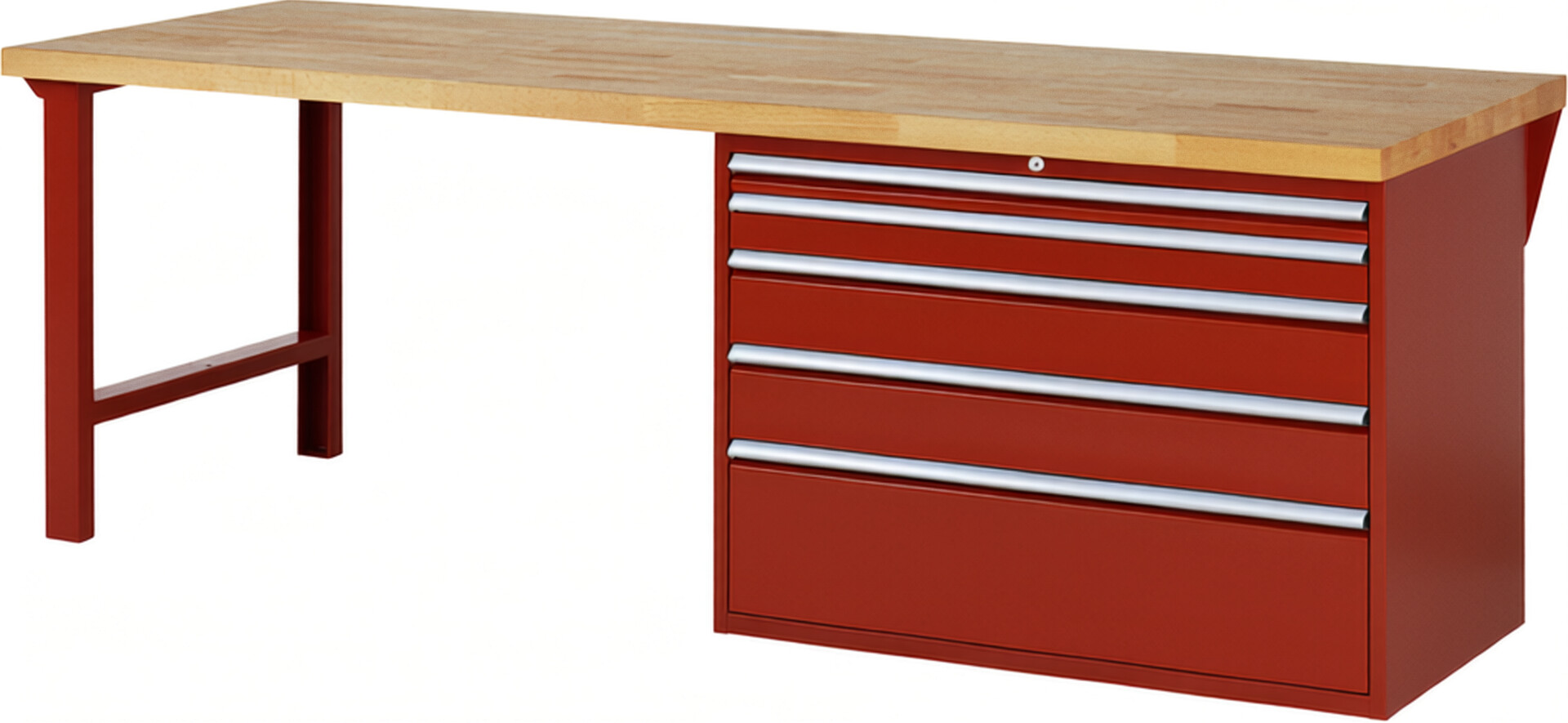 Werkbank Modell 7711 rot, BxTxH 2500x900x890 mm,  Buche-Massiv Arbeitsplatte 40 mm,  5 Schubladen mit  Auszug 90 %