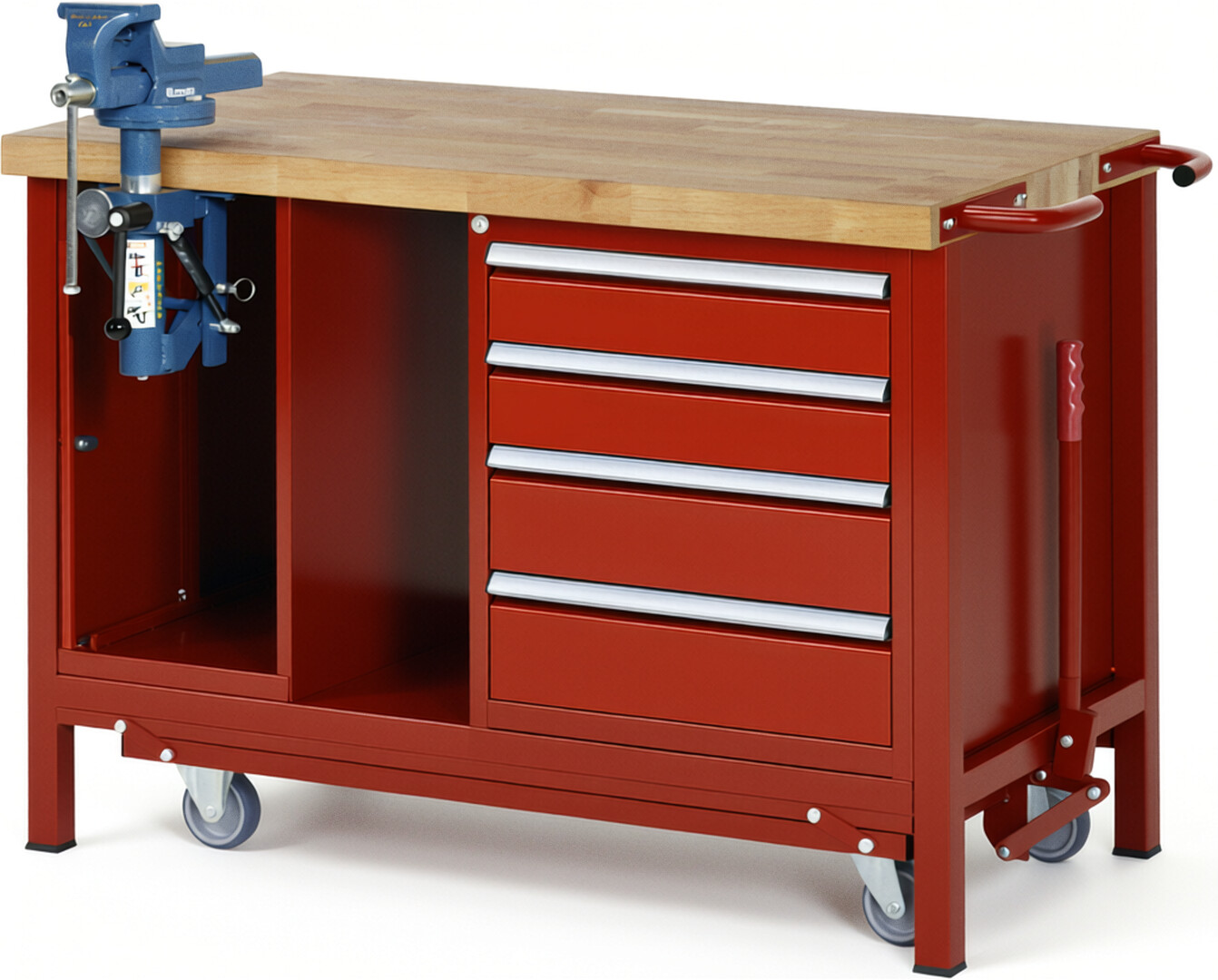 Absenkbare Werkbank Modell 8185 rot, BxTxH 1250x700x880 mm,  Buche-Massiv Arbeitsplatte 40 mm,  4 Schubladen mit  Vollauszug 100 % und  SoftClosing