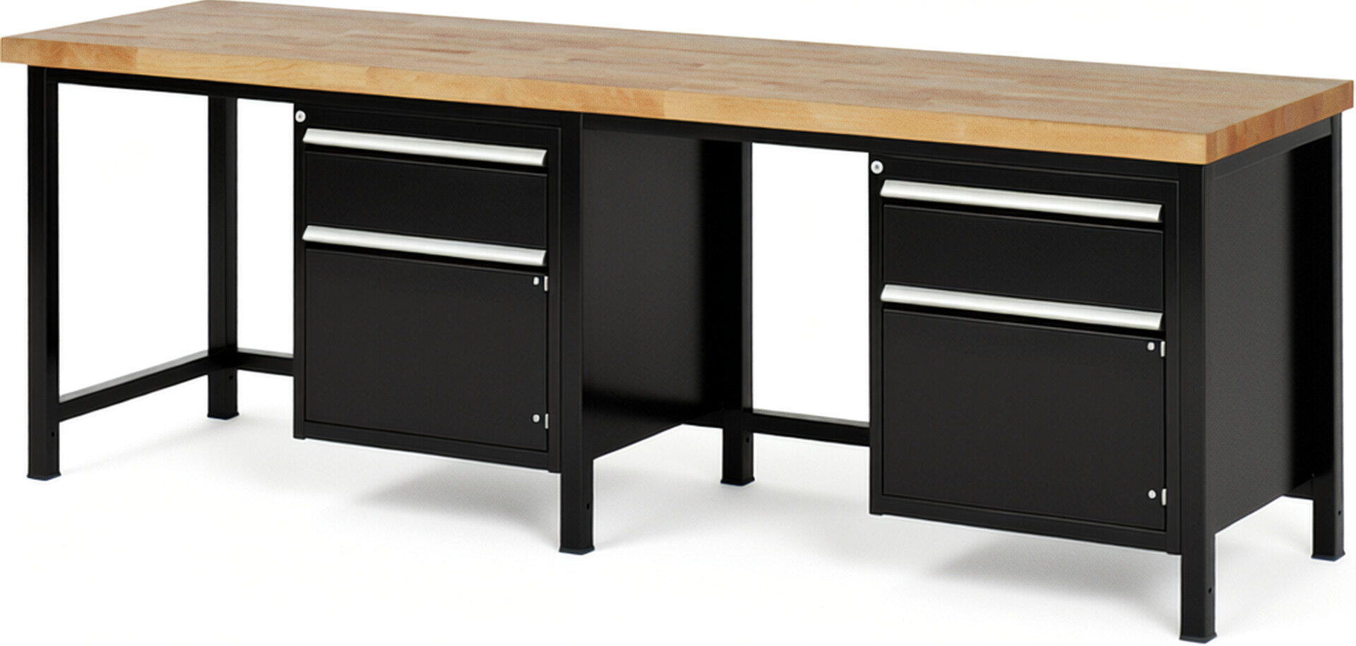 Werkbank Modell 8152 schwarz, BxTxH 2500x700x840 mm,  Buche-Massiv Arbeitsplatte 40 mm,  2 Schubladen mit  Auszug 90 %