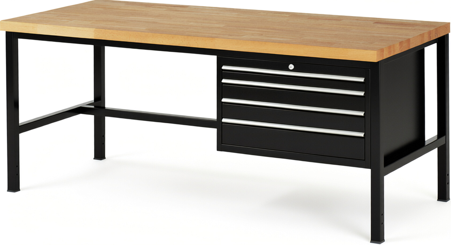 Werkbank Modell 8232 schwarz, BxTxH 2000x900x840 mm,  Buche-Massiv Arbeitsplatte 40 mm,  4 Schubladen mit  Auszug 90 %
