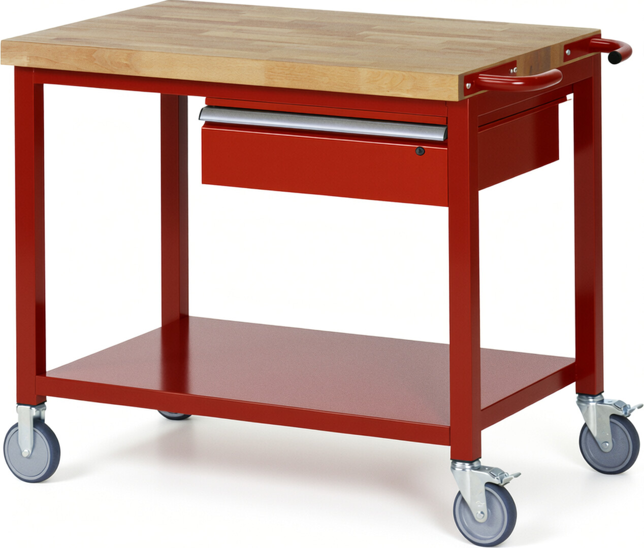 Fahrbare Werkbank Modell 8001 rot, BxTxH 1000x700x880-1080 mm,  Buche-Massiv Arbeitsplatte 40 mm,  1 Schublade mit  Auszug 90 %