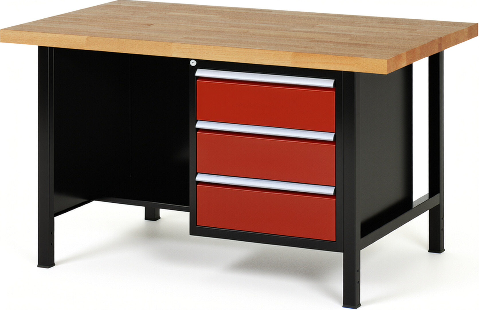 RAU Werkbank schwarz - rot - Breite 150 cm - Tiefe 90 cm - Höhe 104 cm - Buche-Massiv Arbeitsplatte 40 mm