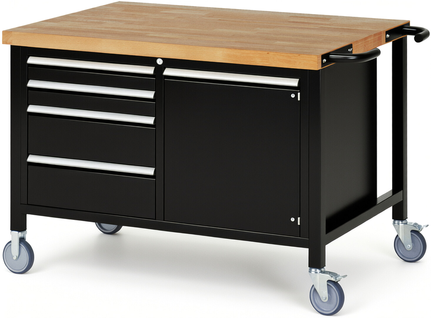 Fahrbare Werkbank Modell 8470 schwarz, BxTxH 1250x900x880 mm,  Buche-Massiv Arbeitsplatte 40 mm,  4 Schubladen mit  Auszug 90 %