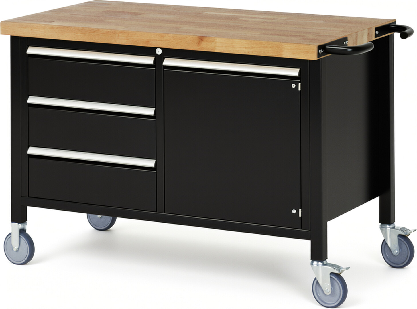 Fahrbare Werkbank Modell 8468 schwarz, BxTxH 1250x700x880 mm,  Buche-Massiv Arbeitsplatte 40 mm,  3 Schubladen mit  Vollauszug 100 % und  SoftClosing