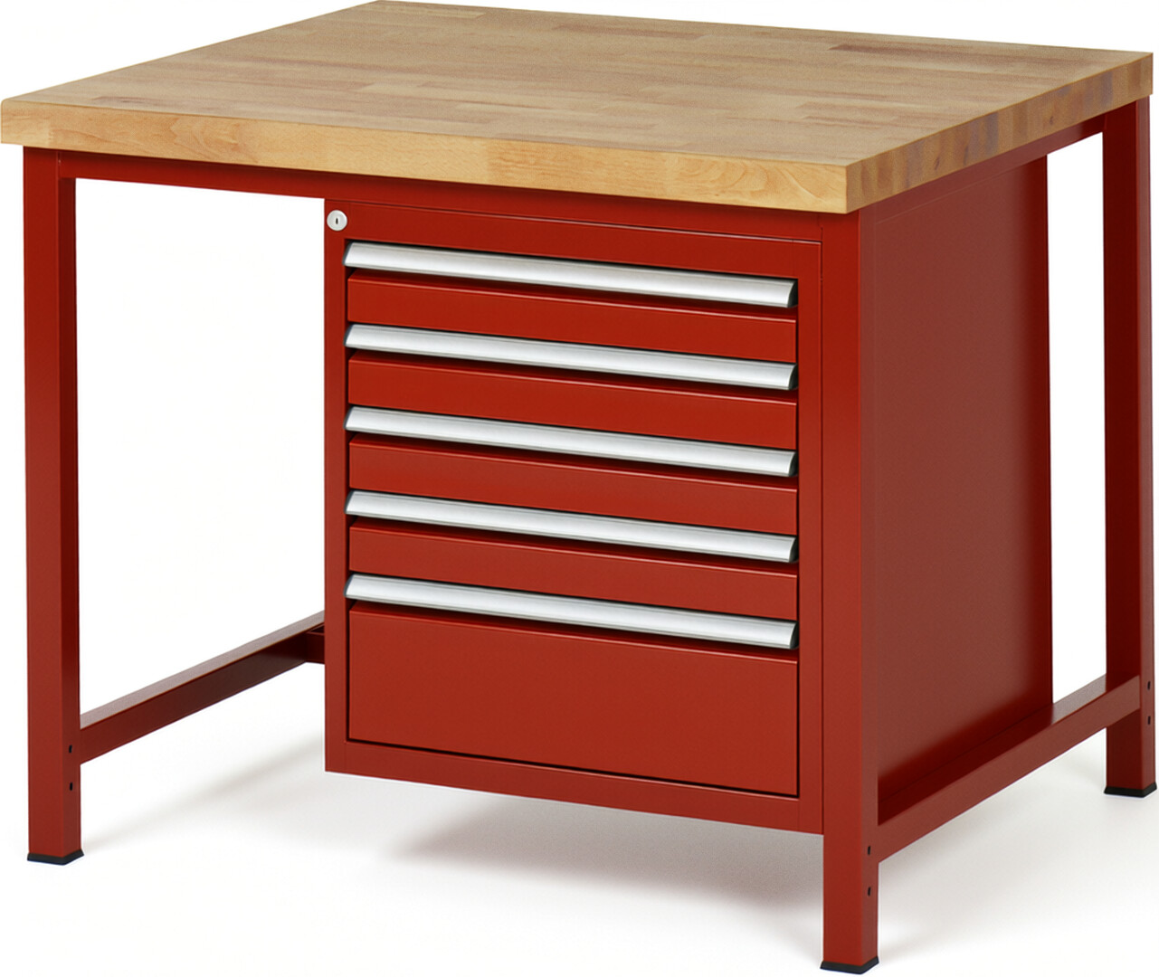 Werkbank Modell 8168 rot, BxTxH 1000x900x840 mm,  Buche-Massiv Arbeitsplatte 40 mm,  5 Schubladen mit  Auszug 90 %
