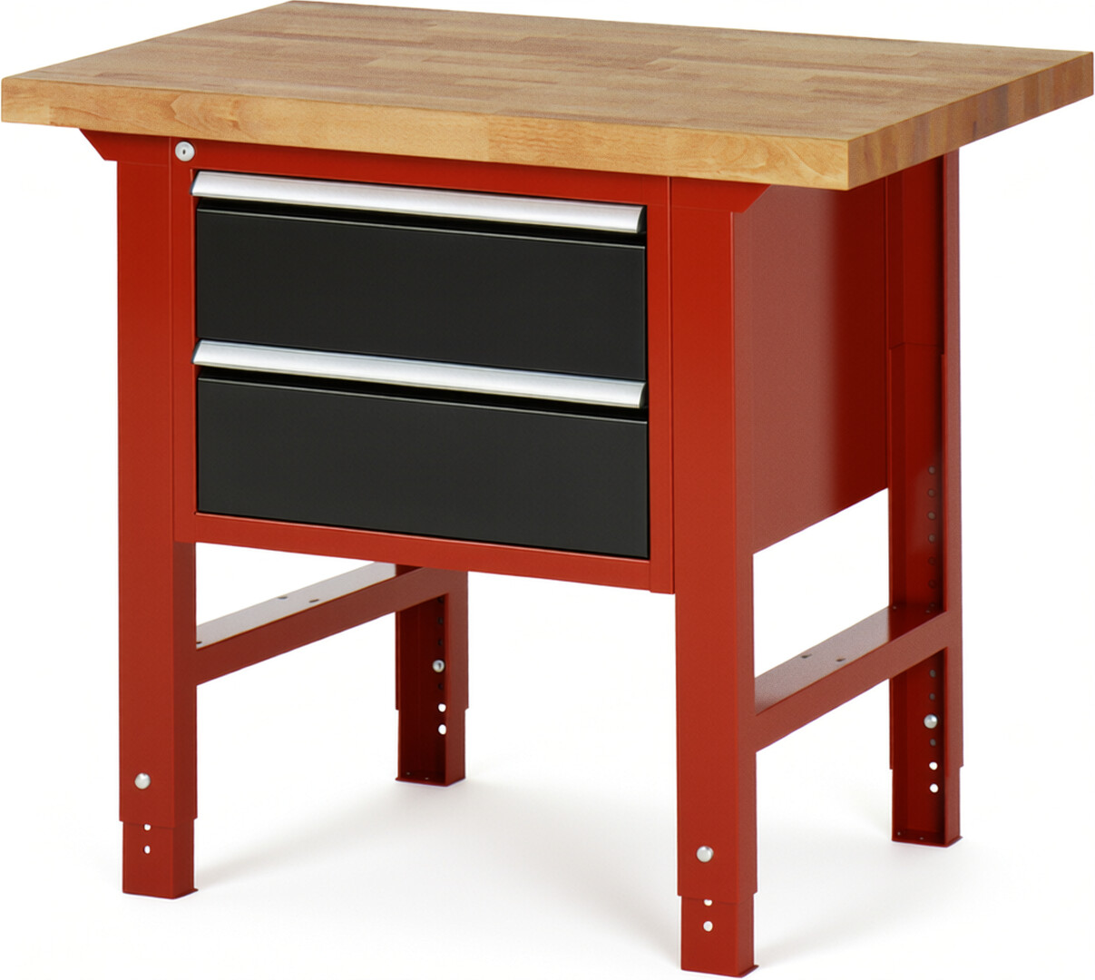 Werkbank Modell 7125 rot - schwarz, BxTxH 1000x700x790-1140 mm,  Buche-Massiv Arbeitsplatte 40 mm,  2 Schubladen mit  Vollauszug 100 % und  SoftClosing