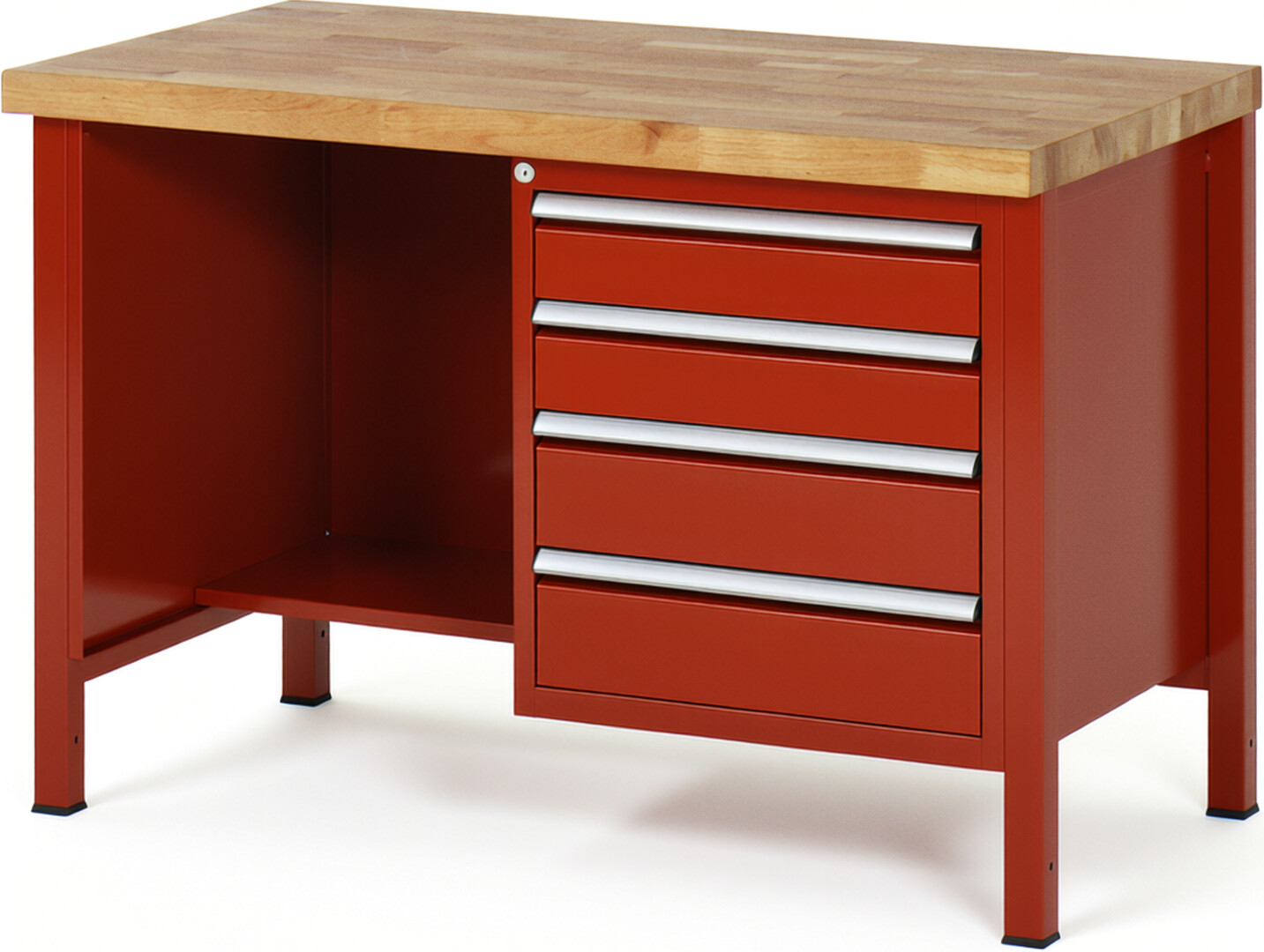 Werkbank Modell 8453 rot, BxTxH 1250x700x840 mm,  Buche-Massiv Arbeitsplatte 40 mm,  4 Schubladen mit  Vollauszug 100 % und  SoftClosing
