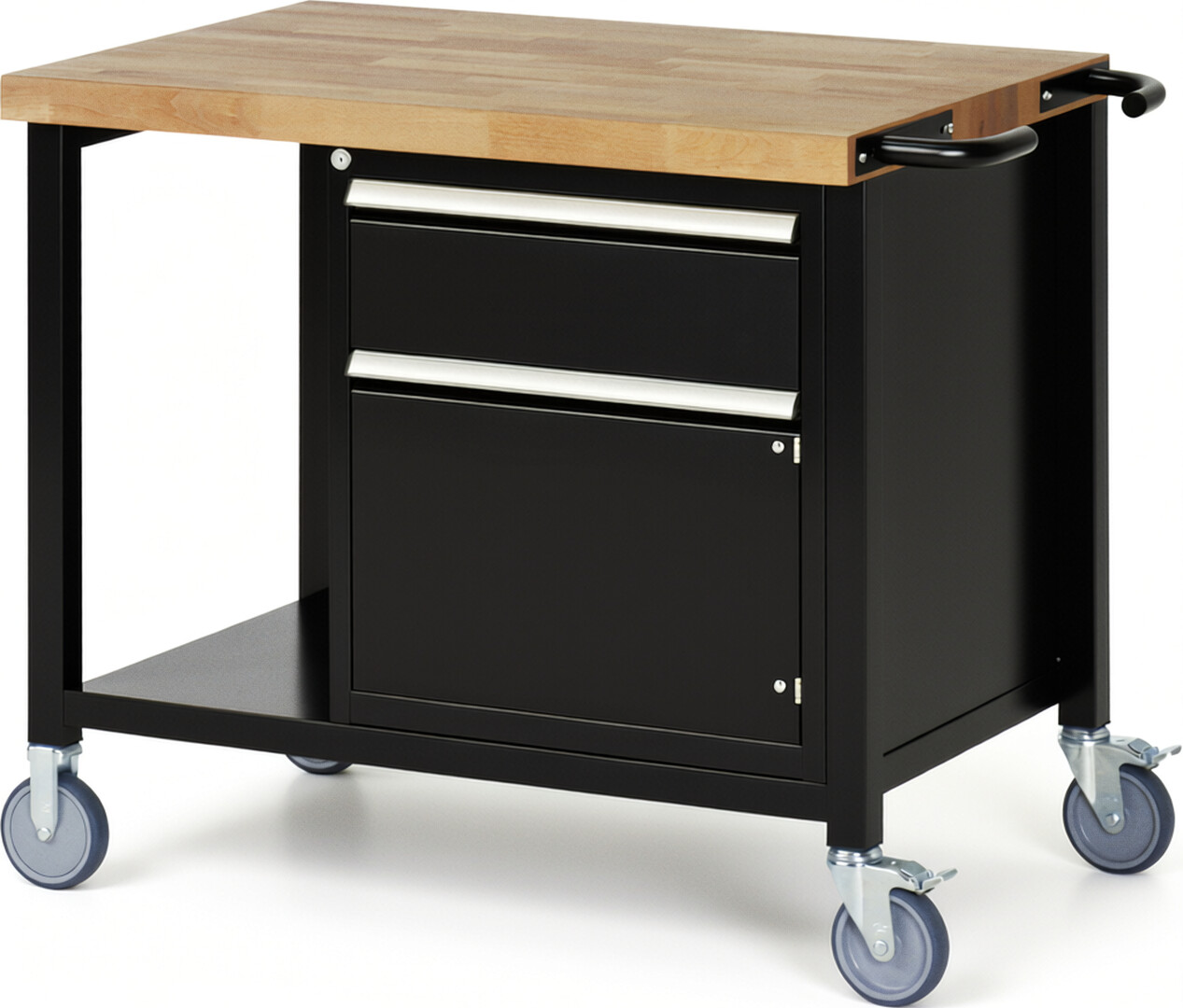 Fahrbare Werkbank Modell 8152 schwarz, BxTxH 1000x700x880 mm,  Buche-Massiv Arbeitsplatte 40 mm,  1 Schublade mit  Vollauszug 100 % und  SoftClosing