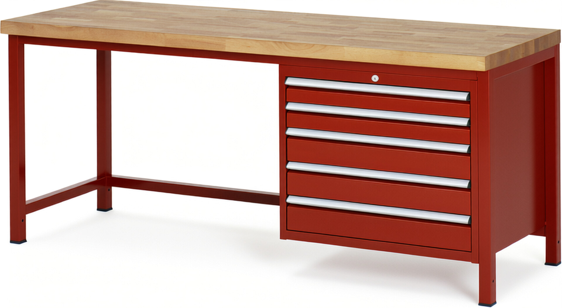 Werkbank Modell 8271 rot, BxTxH 2000x700x840 mm,  Buche-Massiv Arbeitsplatte 40 mm,  5 Schubladen mit  Auszug 90 %