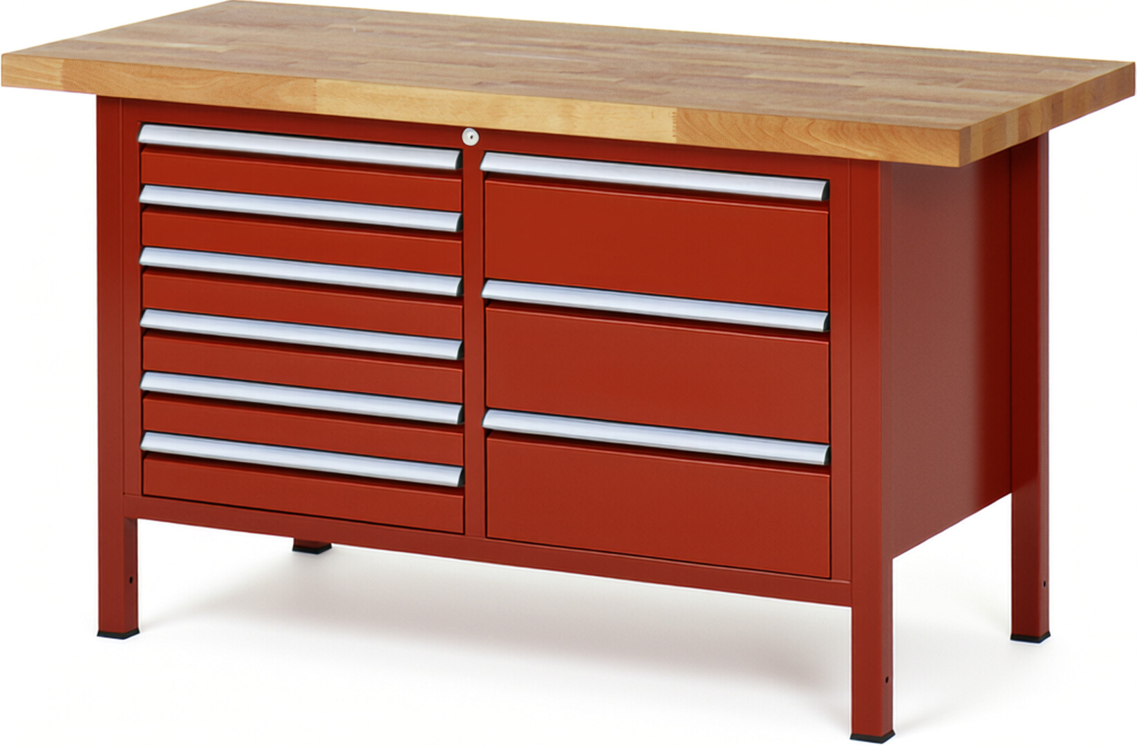 Werkbank Modell 8479 rot, BxTxH 1500x700x840-1040 mm,  Buche-Massiv Arbeitsplatte 40 mm,  9 Schubladen mit  Auszug 90 %