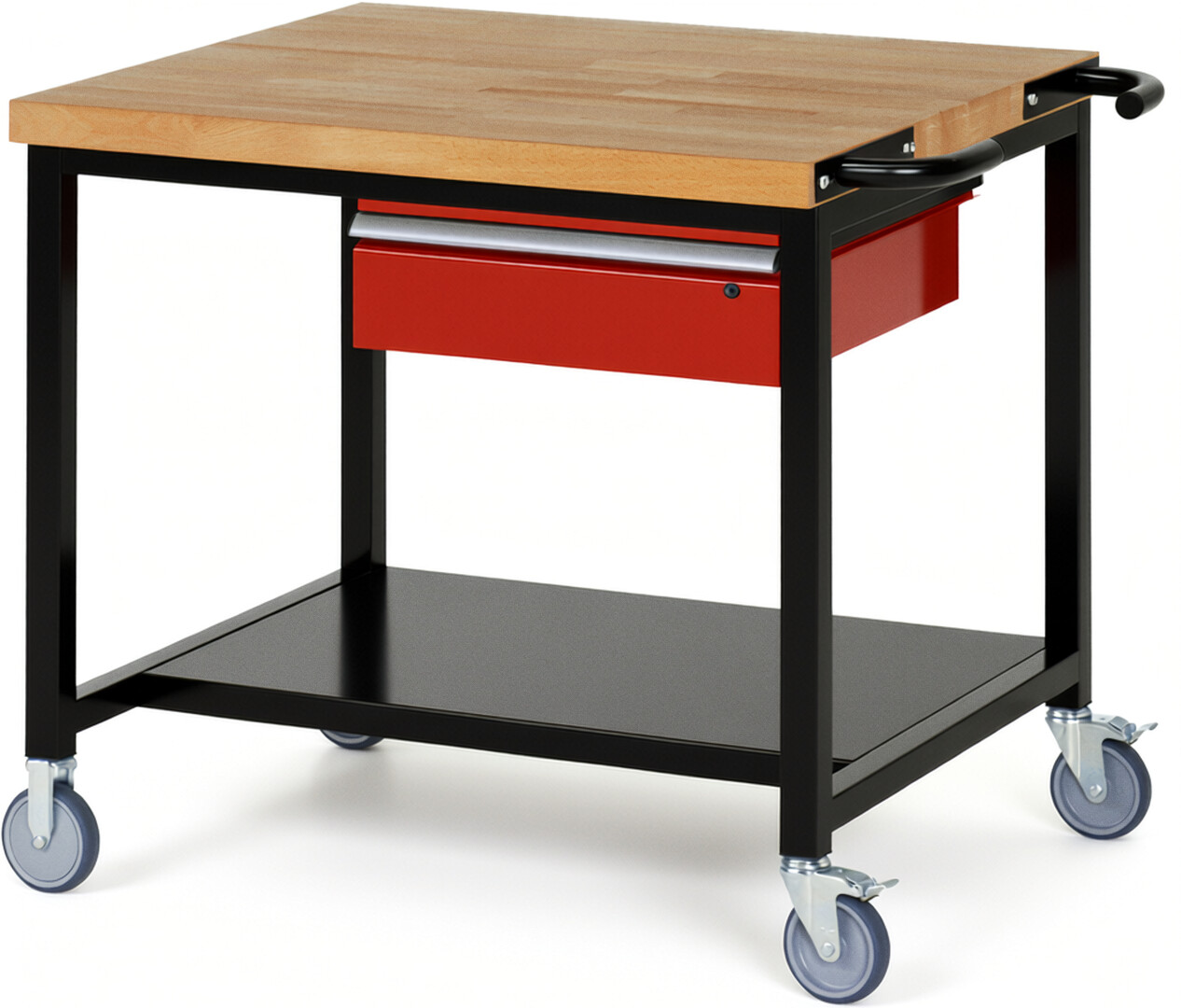 RAU Werkbank schwarz - rot - Breite 100 cm - Tiefe 90 cm - Höhe 108 cm - Buche-Massiv Arbeitsplatte 40 mm