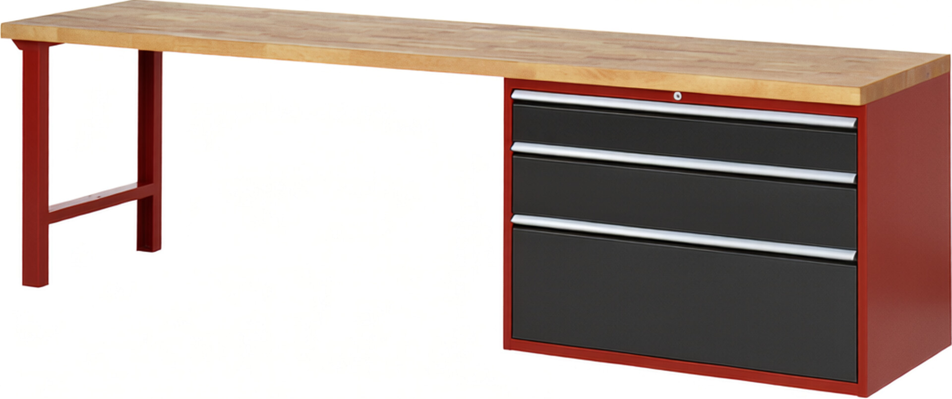 Werkbank Modell 7708 rot - schwarz, BxTxH 3000x700x890 mm,  Buche-Massiv Arbeitsplatte 40 mm,  3 Schubladen mit  Vollauszug 100 % und  SoftClosing