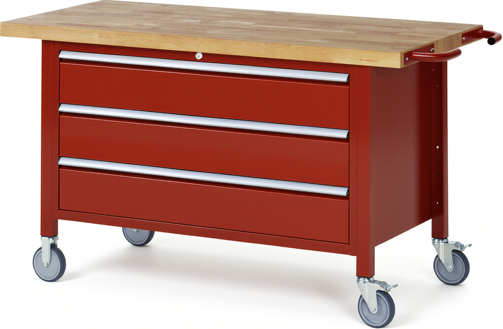 Fahrbare Werkbank Modell 8357 rot, BxTxH 1500x700x880-1080 mm,  Buche-Massiv Arbeitsplatte 40 mm,  3 Schubladen mit  Auszug 90 %