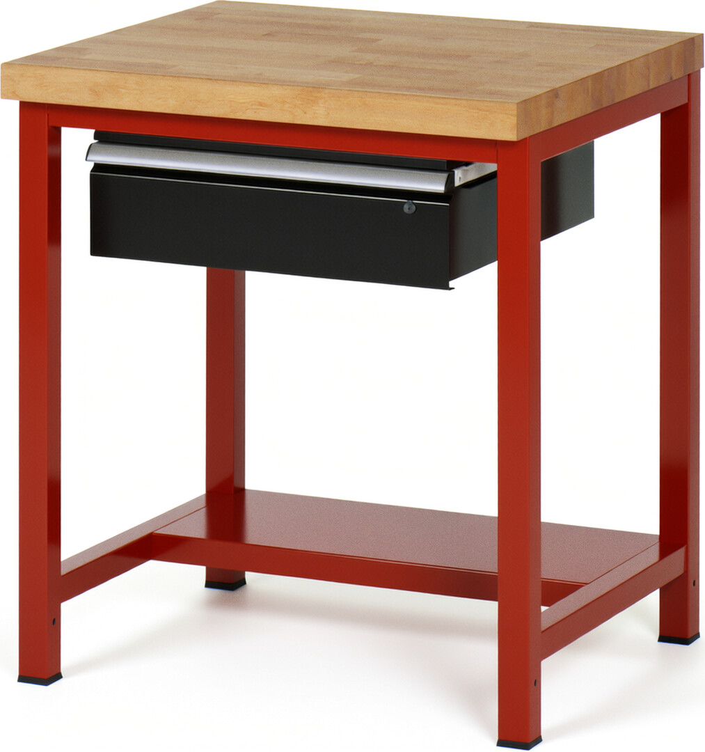 Werkbank Modell 8001 rot - schwarz, BxTxH 750x700x840 mm,  Buche-Massiv Arbeitsplatte 40 mm,  1 Schublade mit  Auszug 90 %