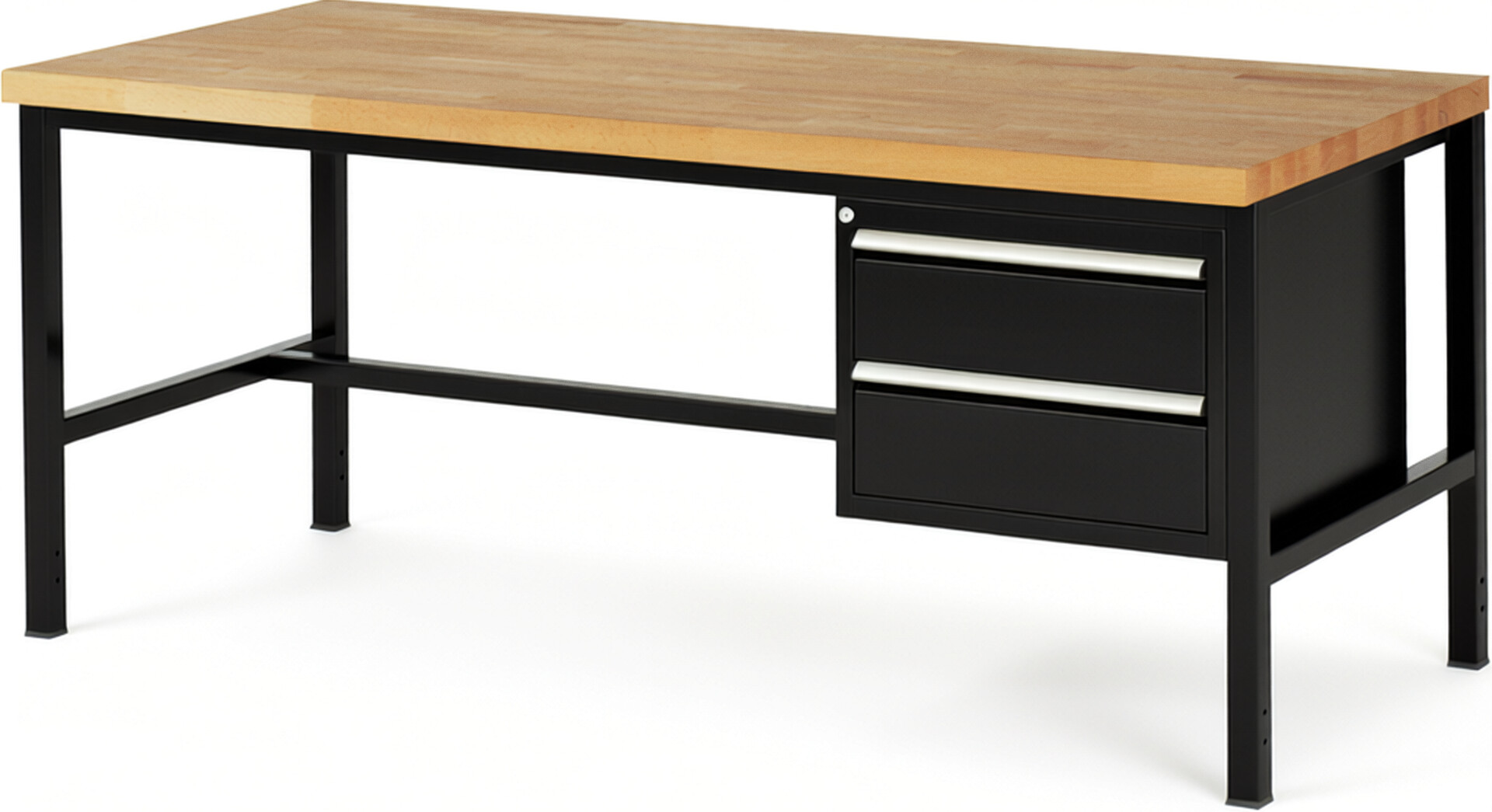 Werkbank Modell 8125 schwarz, BxTxH 2000x900x840 mm,  Buche-Massiv Arbeitsplatte 40 mm,  2 Schubladen mit  Auszug 90 %