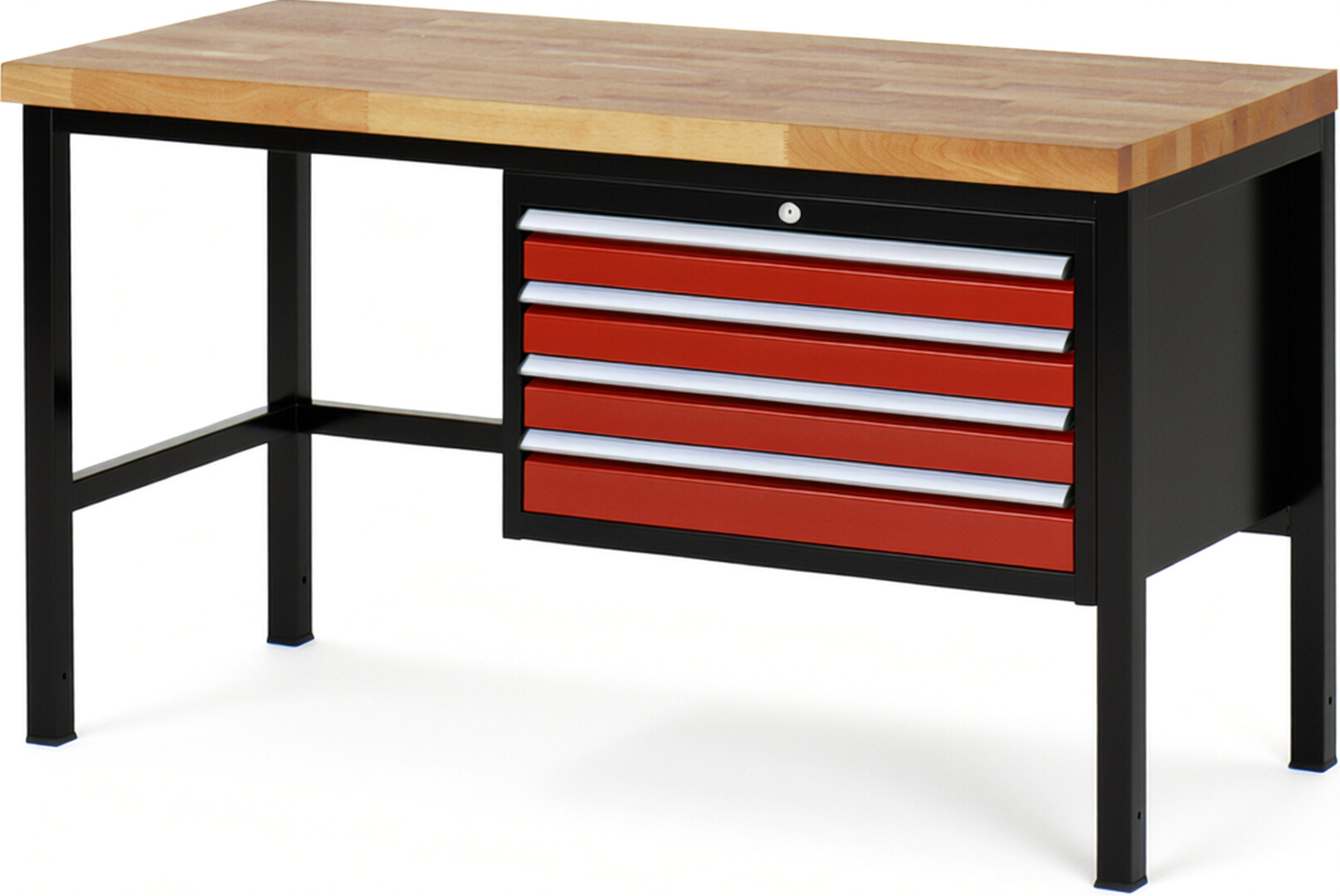 RAU Werkbank schwarz - rot - Breite 150 cm - Tiefe 70 cm - Höhe 104 cm - Buche-Massiv Arbeitsplatte 40 mm