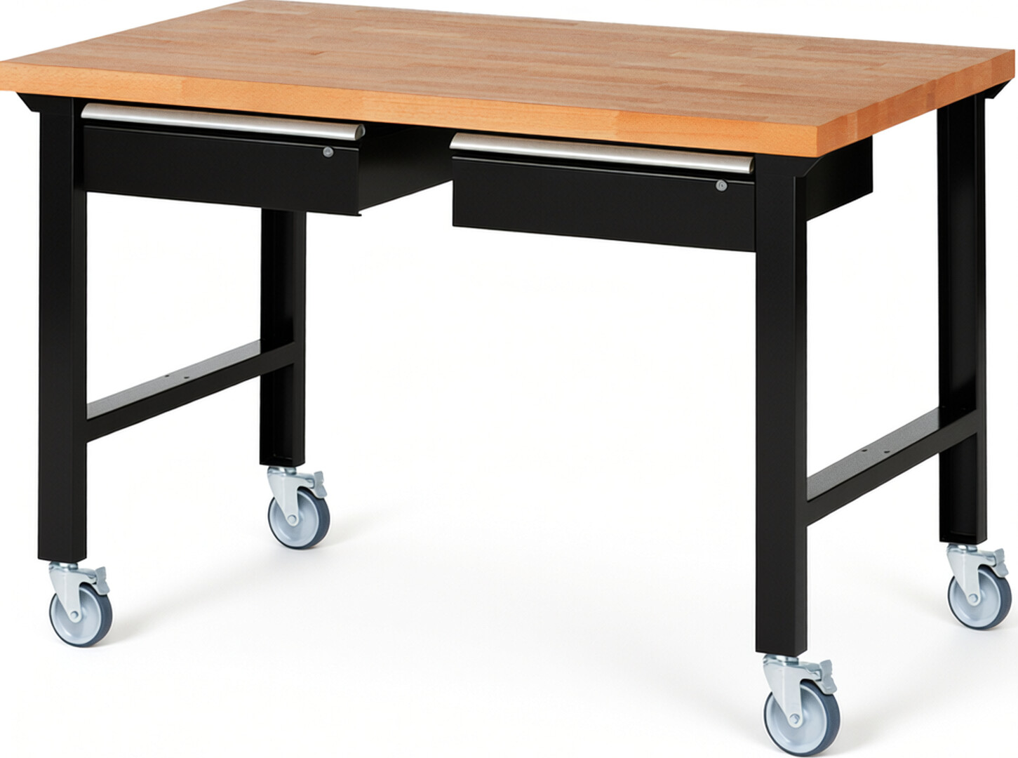 Fahrbare Werkbank Modell 7002 schwarz, BxTxH 1500x900x1000 mm,  Buche-Massiv Arbeitsplatte 40 mm,  2 Schubladen mit  Auszug 90 %
