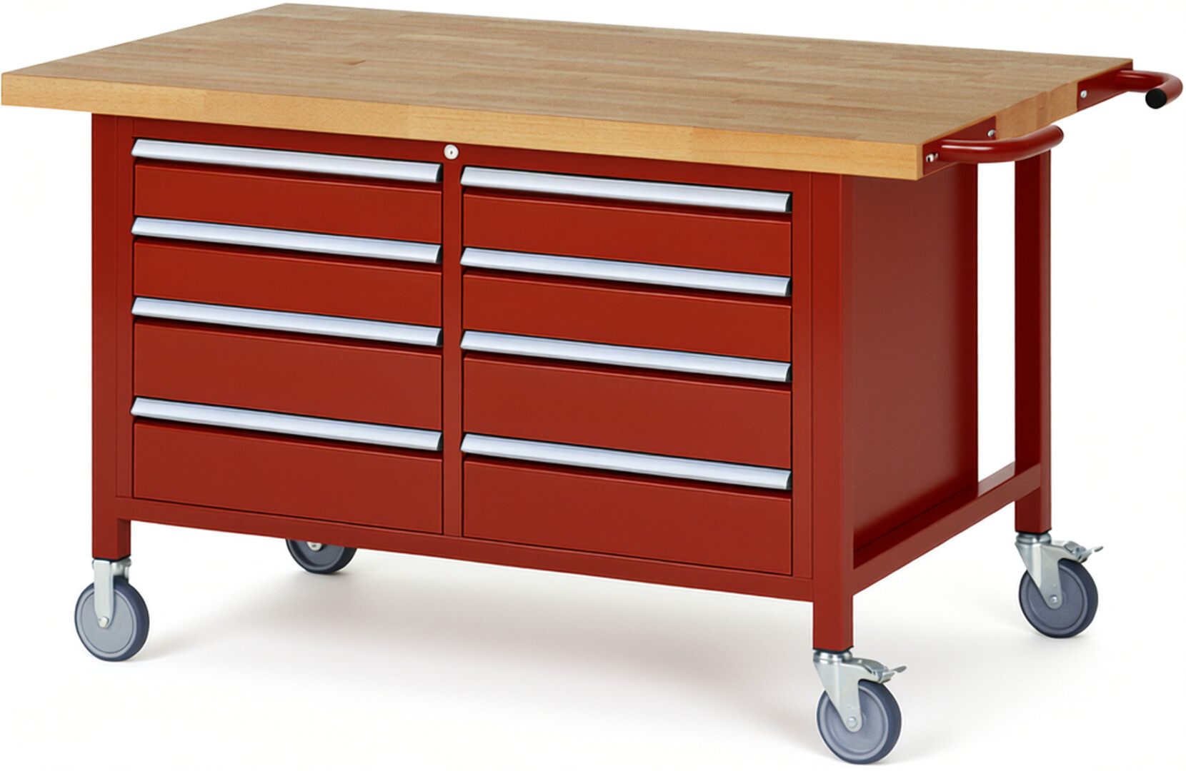 Fahrbare Werkbank Modell 8477 rot, BxTxH 1500x900x880 mm,  Buche-Massiv Arbeitsplatte 40 mm,  8 Schubladen mit  Auszug 90 %