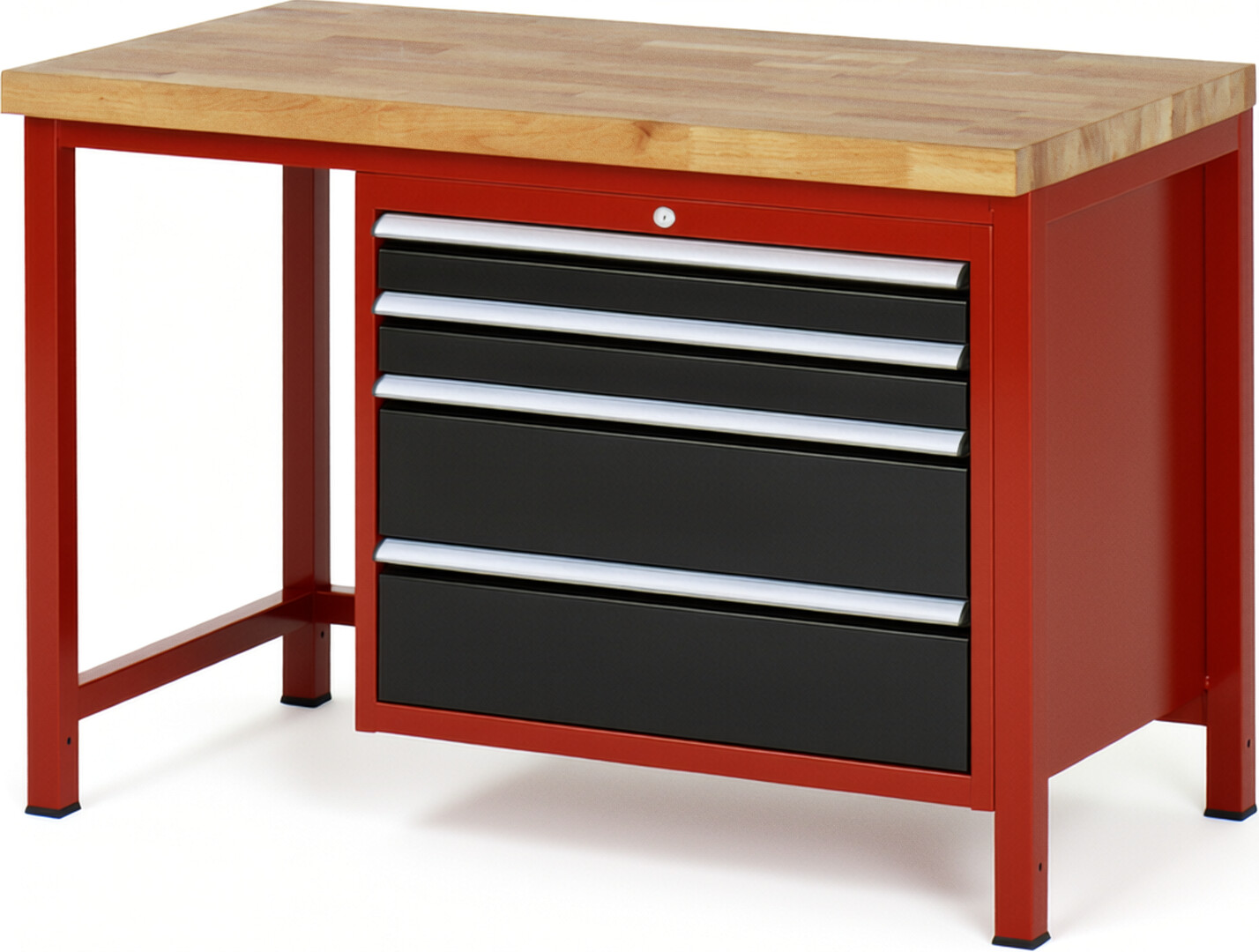 Werkbank Modell 8261 rot - schwarz, BxTxH 1250x700x840 mm,  Buche-Massiv Arbeitsplatte 40 mm,  4 Schubladen mit  Vollauszug 100 % und  SoftClosing