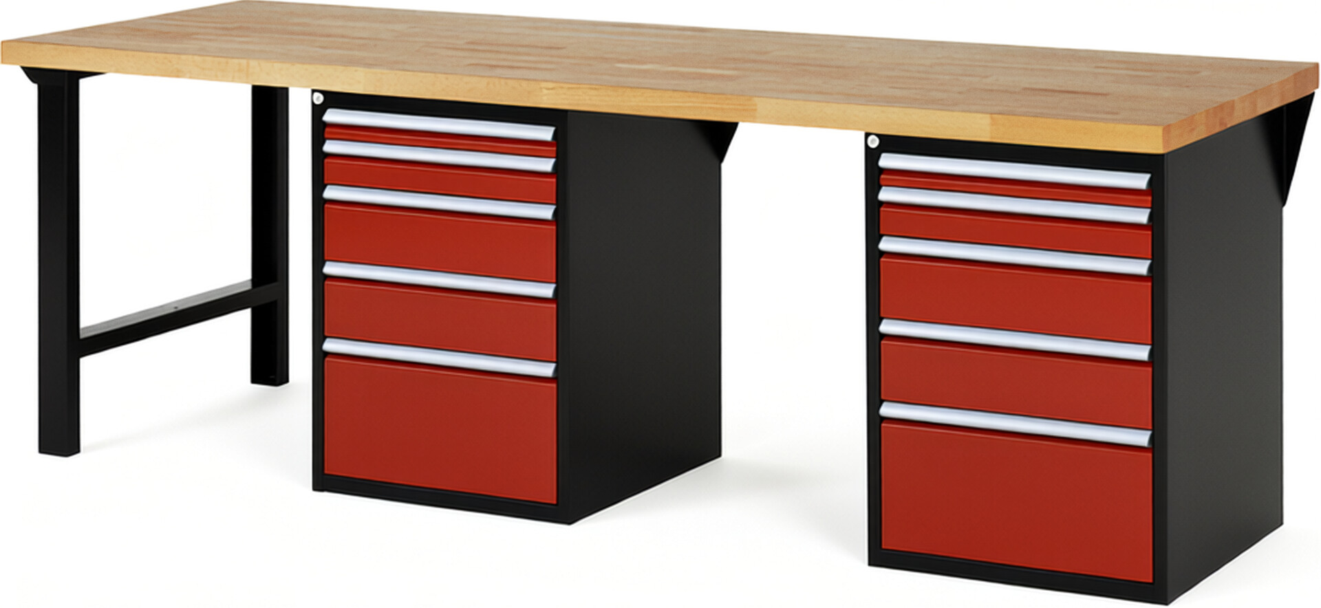 RAU Werkbank schwarz - rot - Breite 250 cm - Tiefe 90 cm - Höhe 89 cm - Buche-Massiv Arbeitsplatte 40 mm