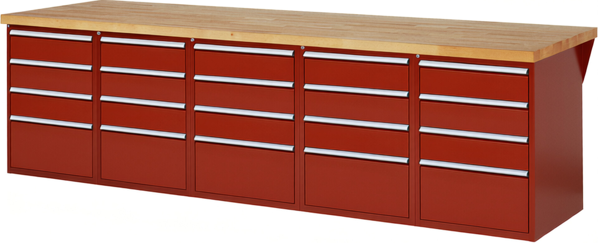 Werkbank Modell 7510 rot, BxTxH 3000x900x840 mm,  Buche-Massiv Arbeitsplatte 40 mm,  20 Schubladen mit  Auszug 90 %